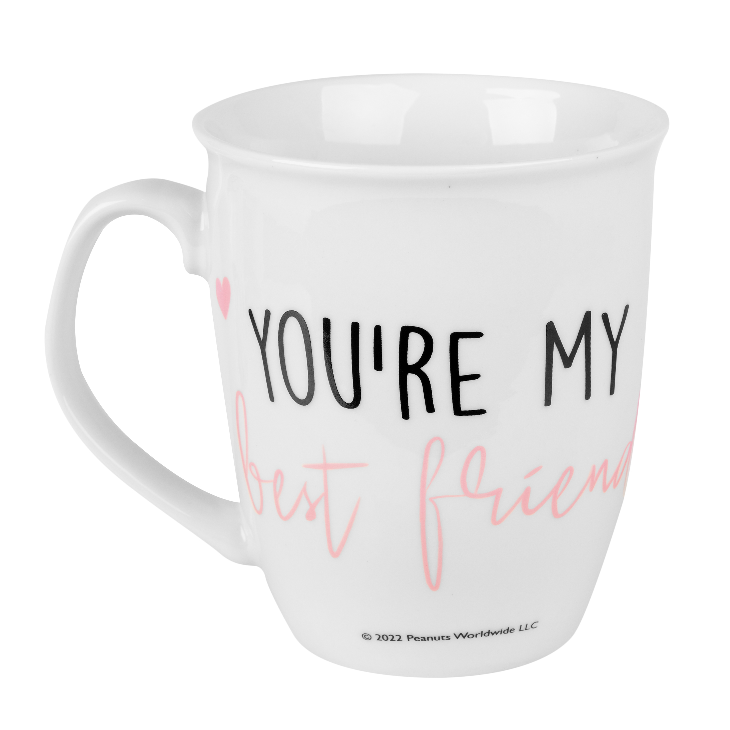 Weiße Tasse mit dem Text 'YOU'RE MY best friend' darauf geschrieben.