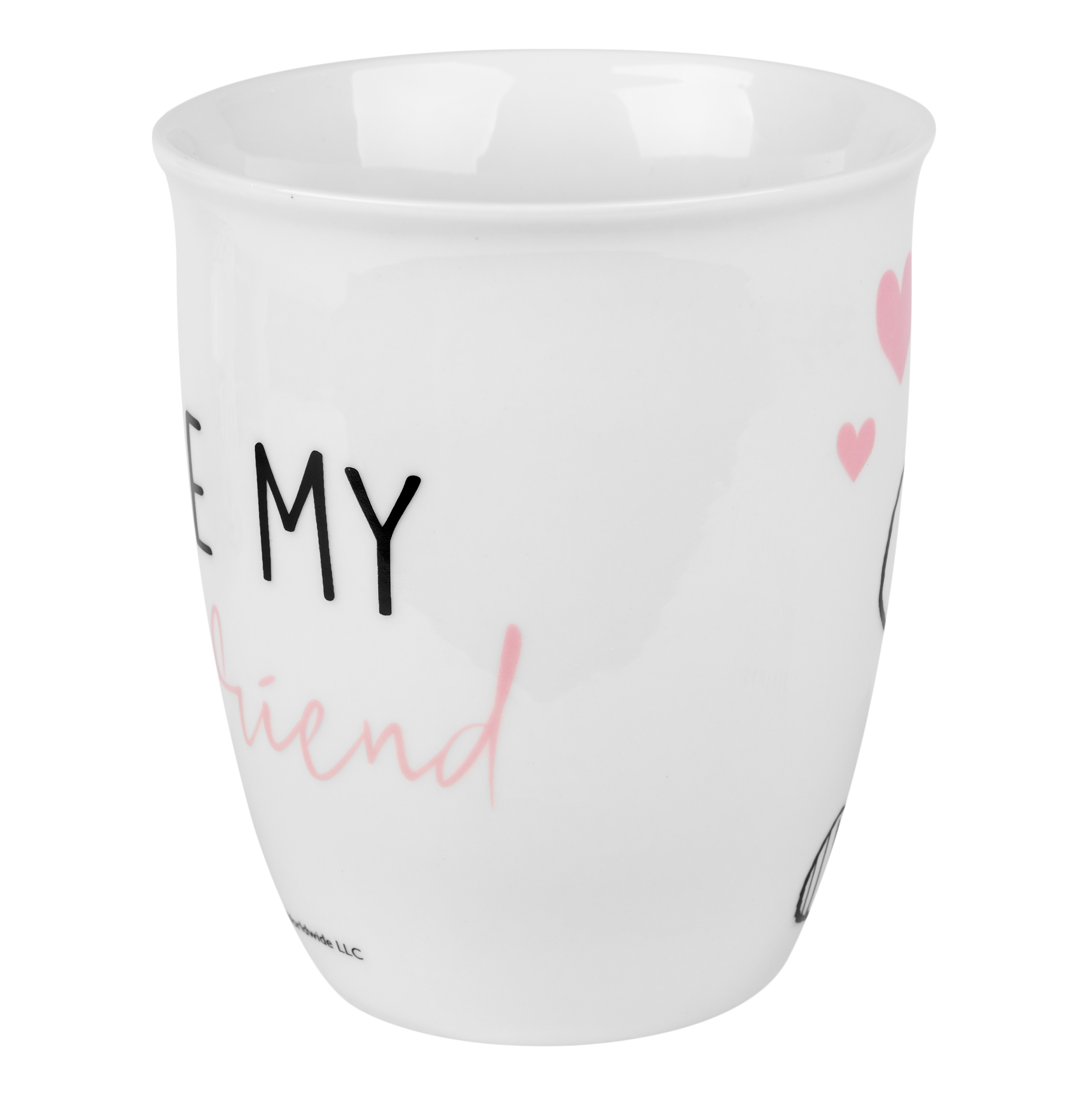 Weißer Becher mit Text 'Be My Friend' und rosa Herzen.