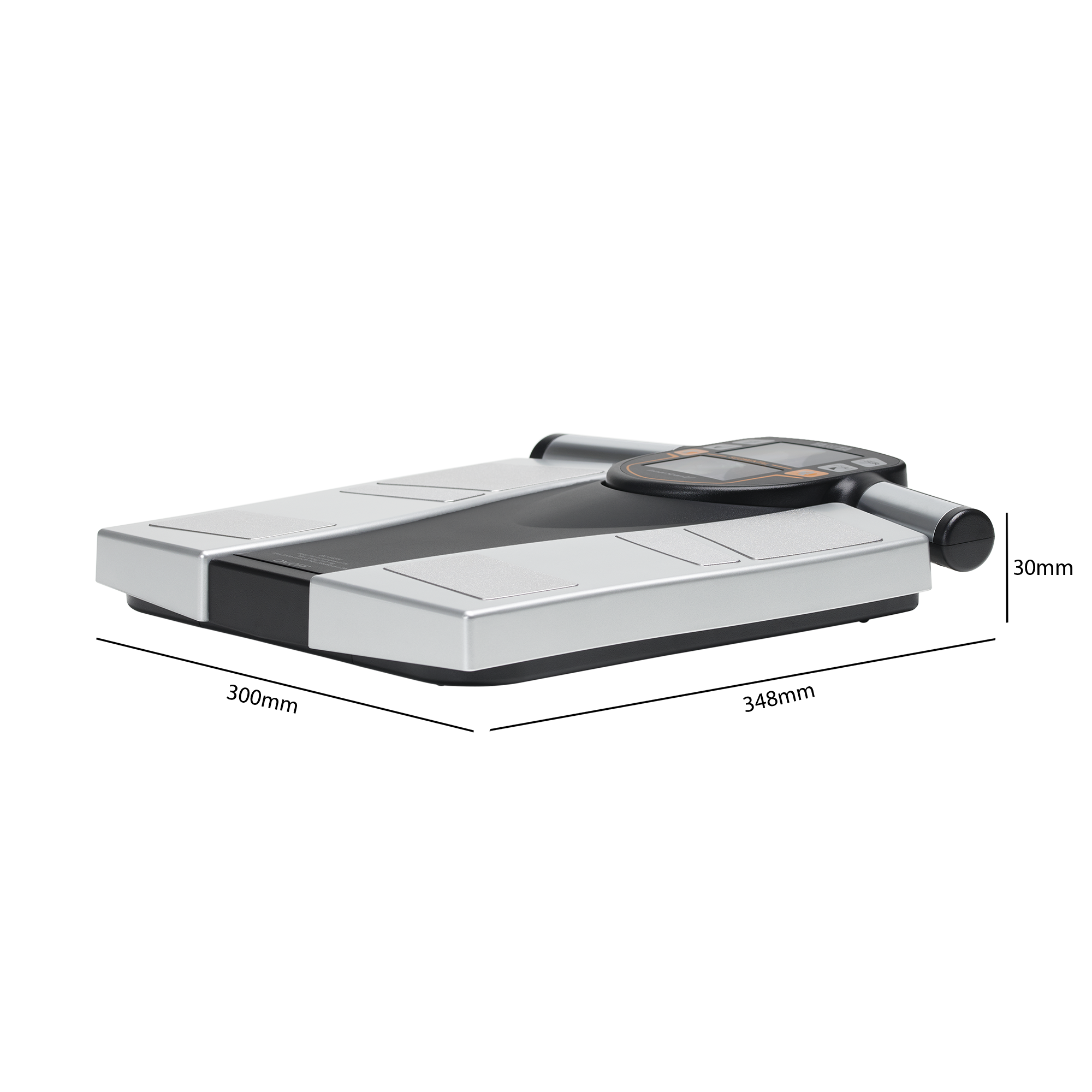 Srebrno-czarna waga do pomiaru tkanki tłuszczowej. Ma cyfrowy wyświetlacz i dwie metalowe podkładki.