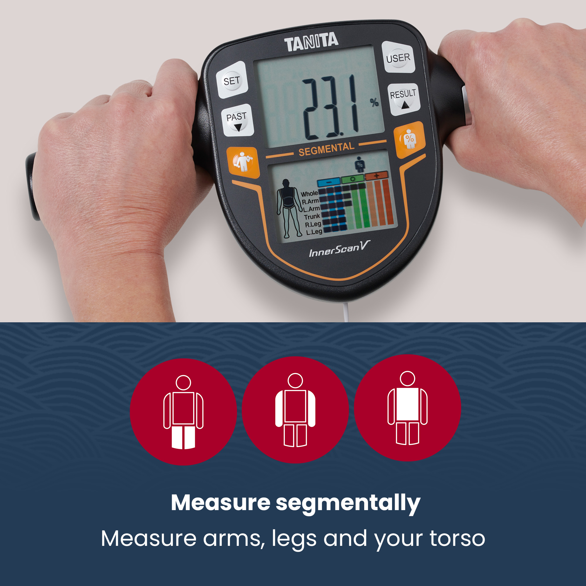 Osoba trzymająca czarną wagę do analizy składu ciała. Czerwone koła z ikonami poniżej.