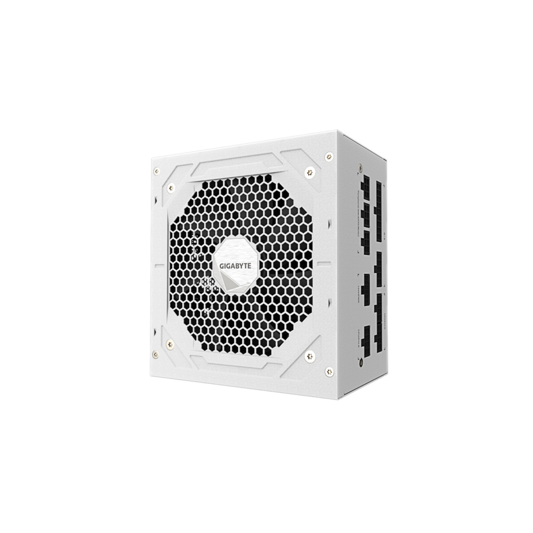Biały zasilacz Gigabyte z czarnym wentylatorem o strukturze plastra miodu i złączami bocznymi.