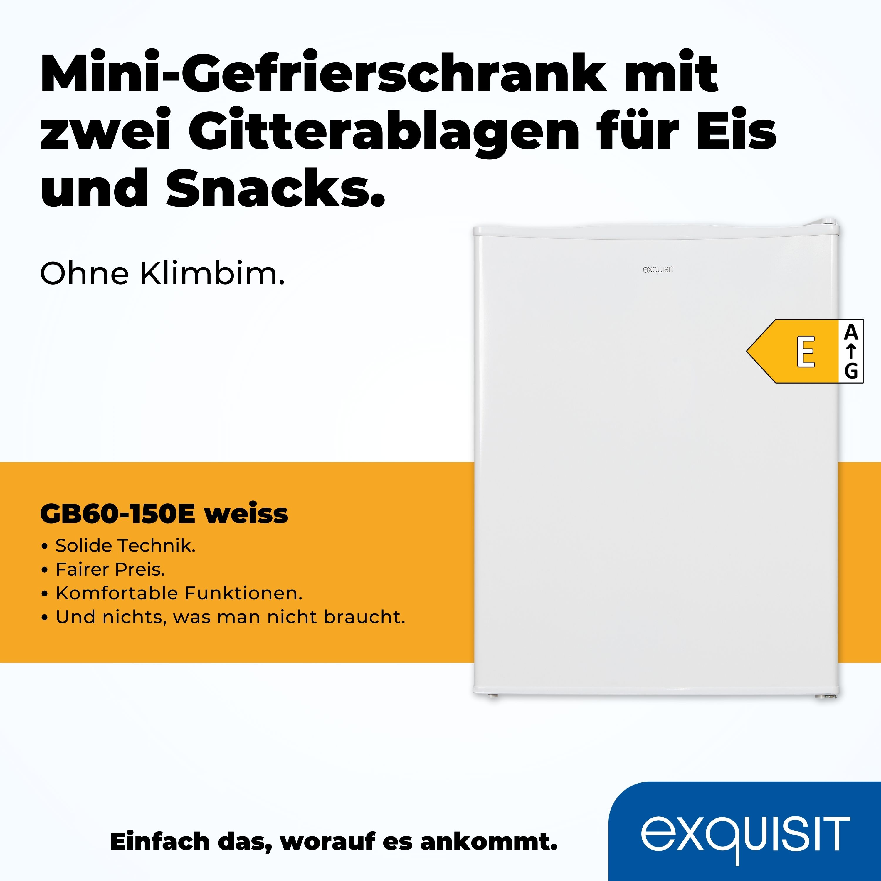 Weißer Mini-Kühlschrank mit Text und Energieeffizienzlabel. Text: 'Mini-Gefrierschrank'.