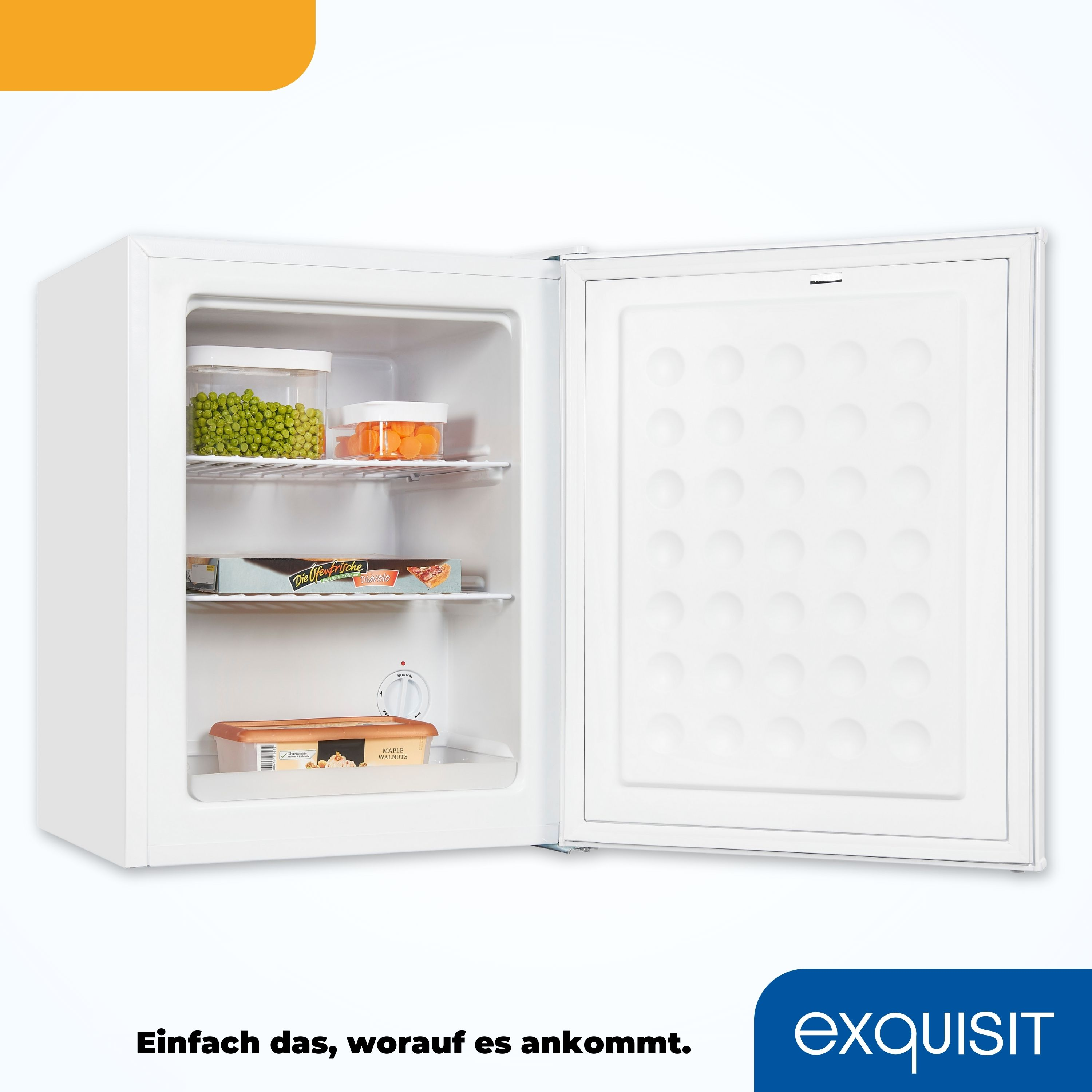 Weißer Kühlschrank mit offener Tür, Essen im Inneren und Text unten.
