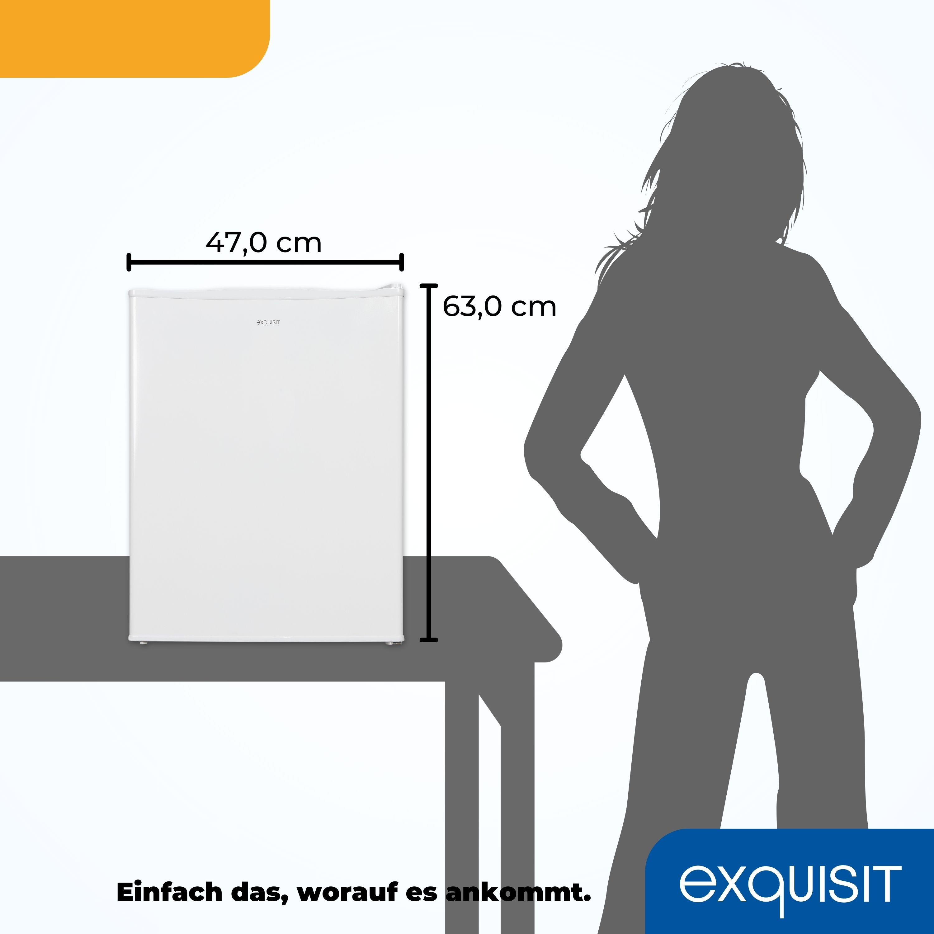 Ein weißer Kühlschrank auf einem Tisch, mit abgebildeten Abmessungen und einer Frau Silhouette.