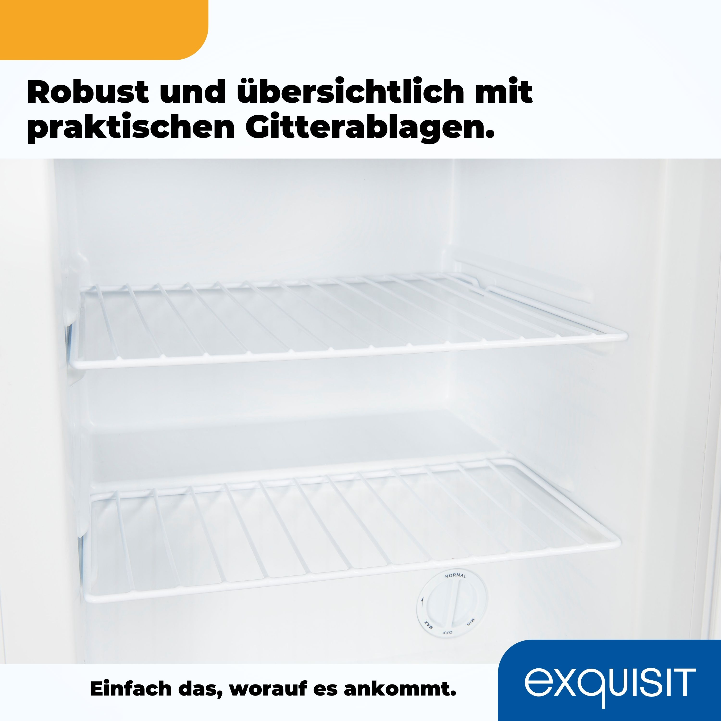 Weißer Kühlschrankinnenraum. Zwei Drahtregale. Text sagt 'Robust und übersichtlich'.