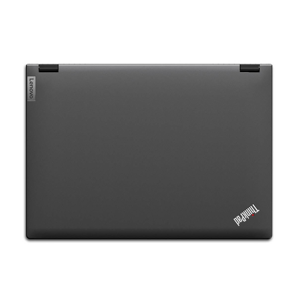 Vista dall'alto di un laptop ThinkPad nero su una superficie bianca, il coperchio è chiuso.