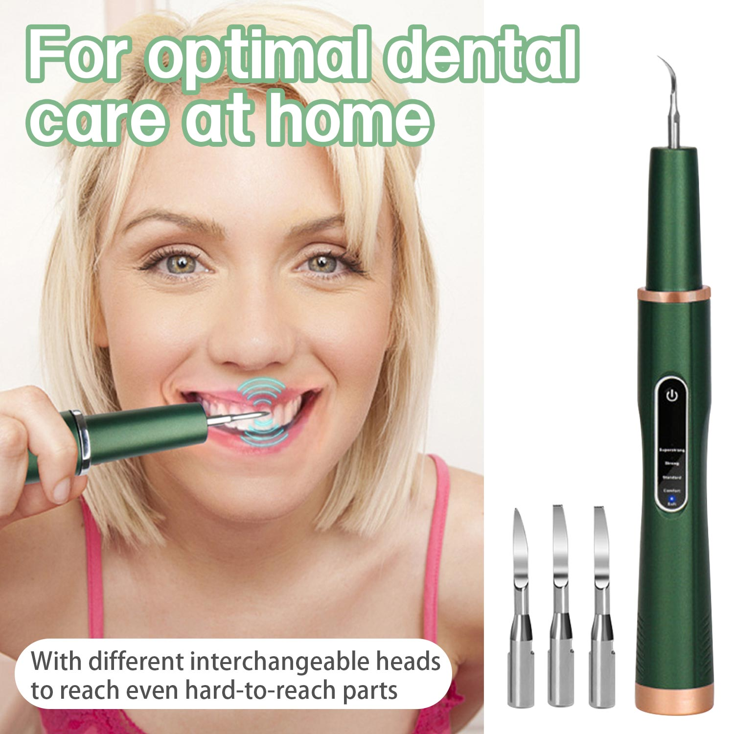 Kobieta używa skalera do zębów. Pokazano inne narzędzia. Tekst: optymalna pielęgnacja zębów w domu.