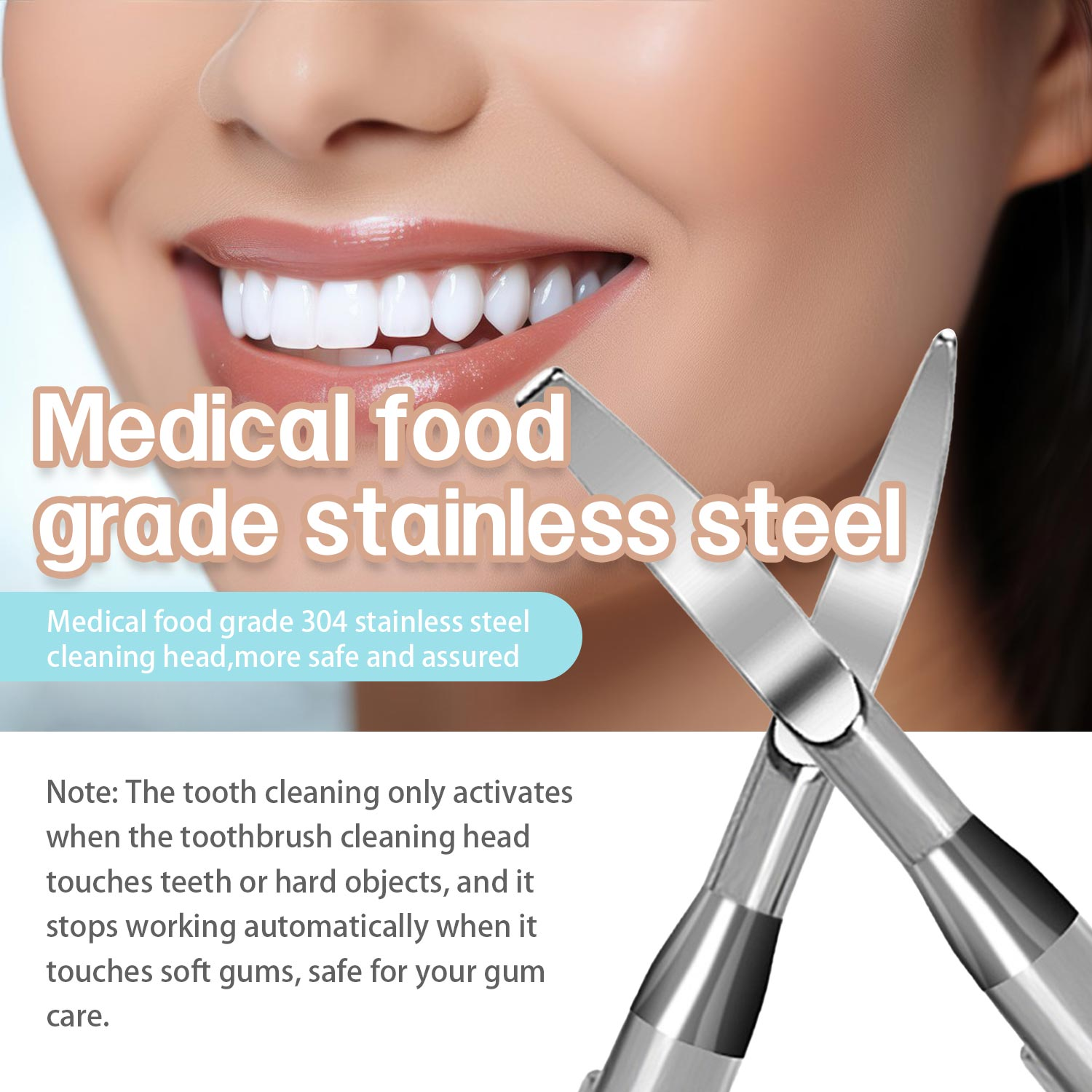 Narzędzia dentystyczne w pobliżu ust osoby, z tekstem o zębach i pielęgnacji dziąseł.