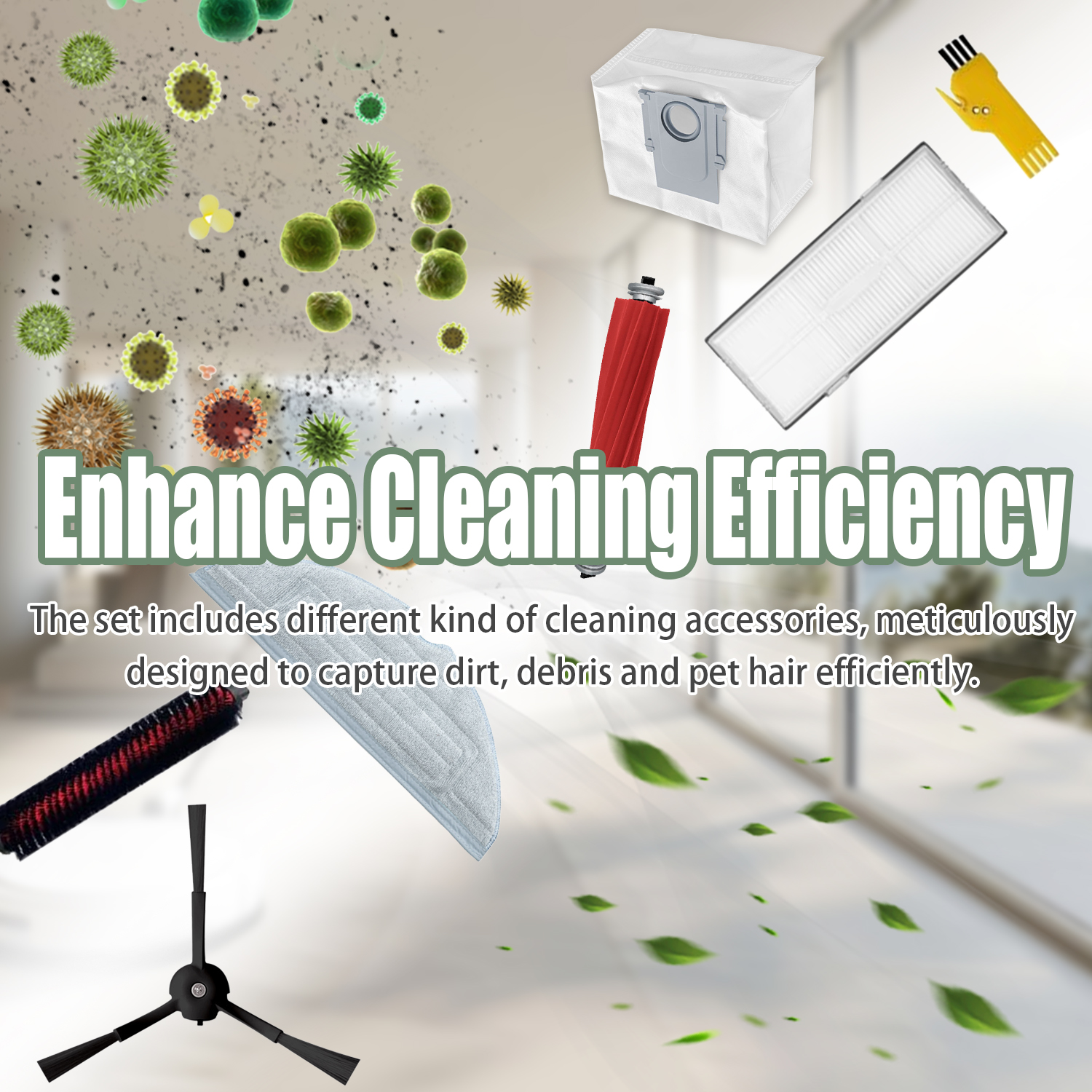 Akcesoria do czyszczenia: filtr, szczotka i worek do odkurzacza. Tekst mówi: 'Zwiększ wydajność czyszczenia'.
