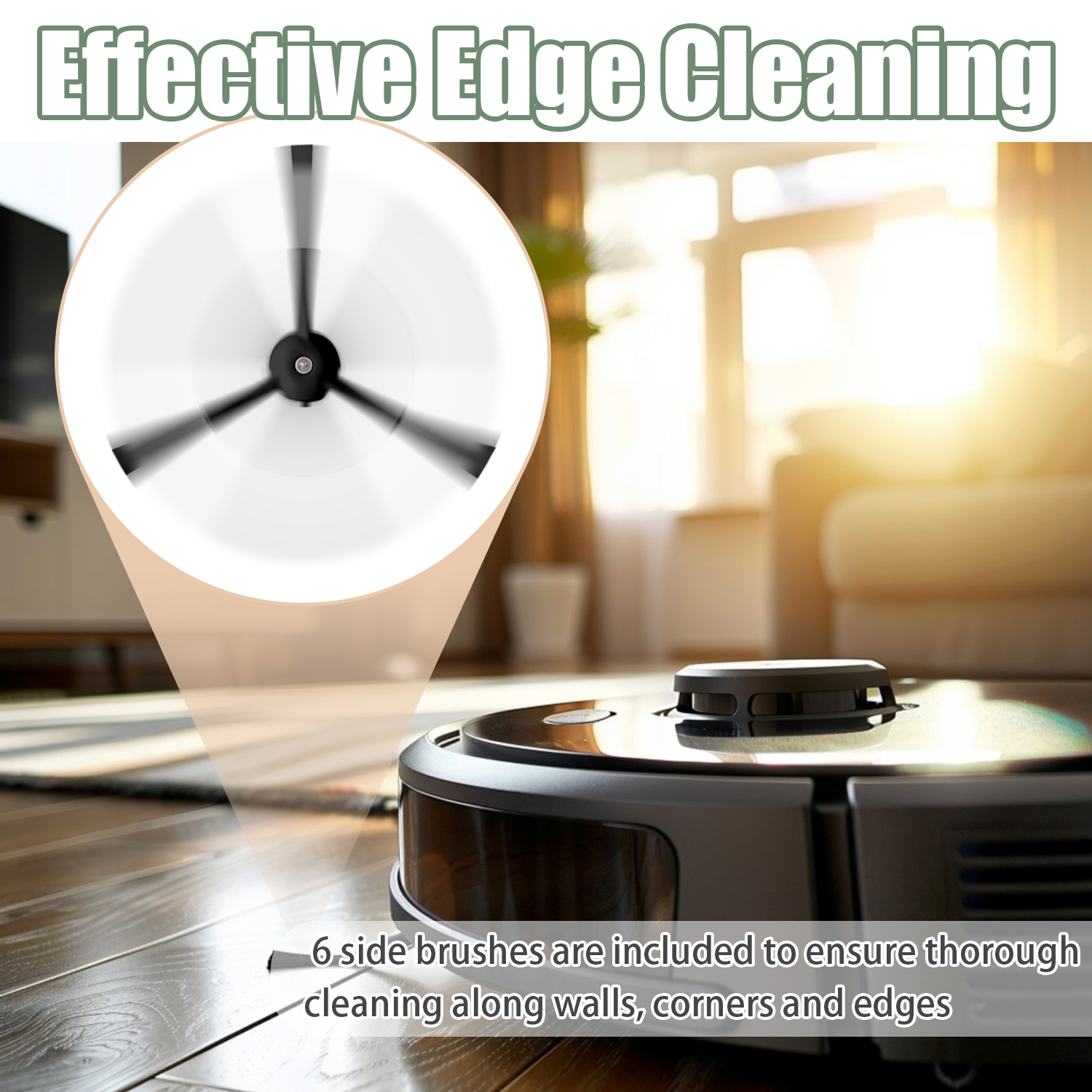 Robot odkurzający na drewnianej podłodze. Wstawka pokazuje działanie szczotki czyszczącej. Tekst wskazuje na skuteczne czyszczenie krawędzi.