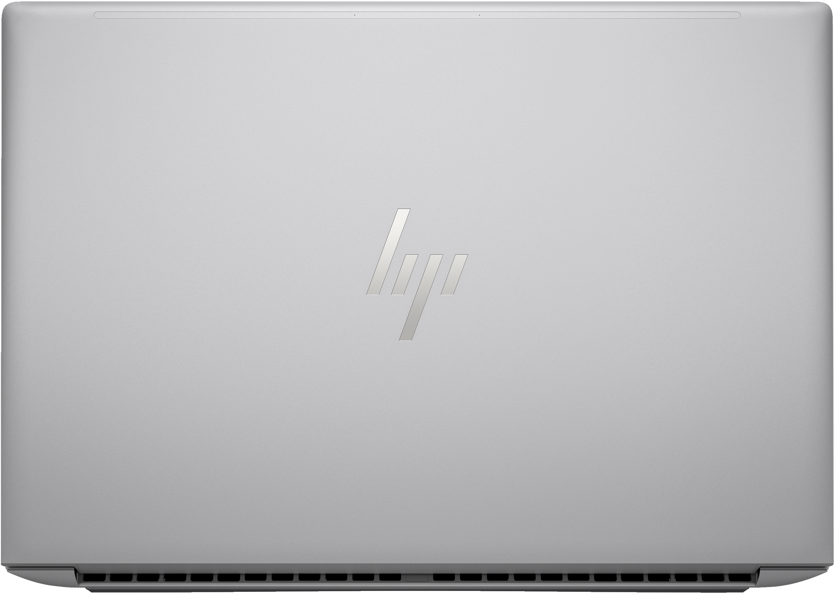 Silver laptop lid with HP logo in the center. The lid is closed.
