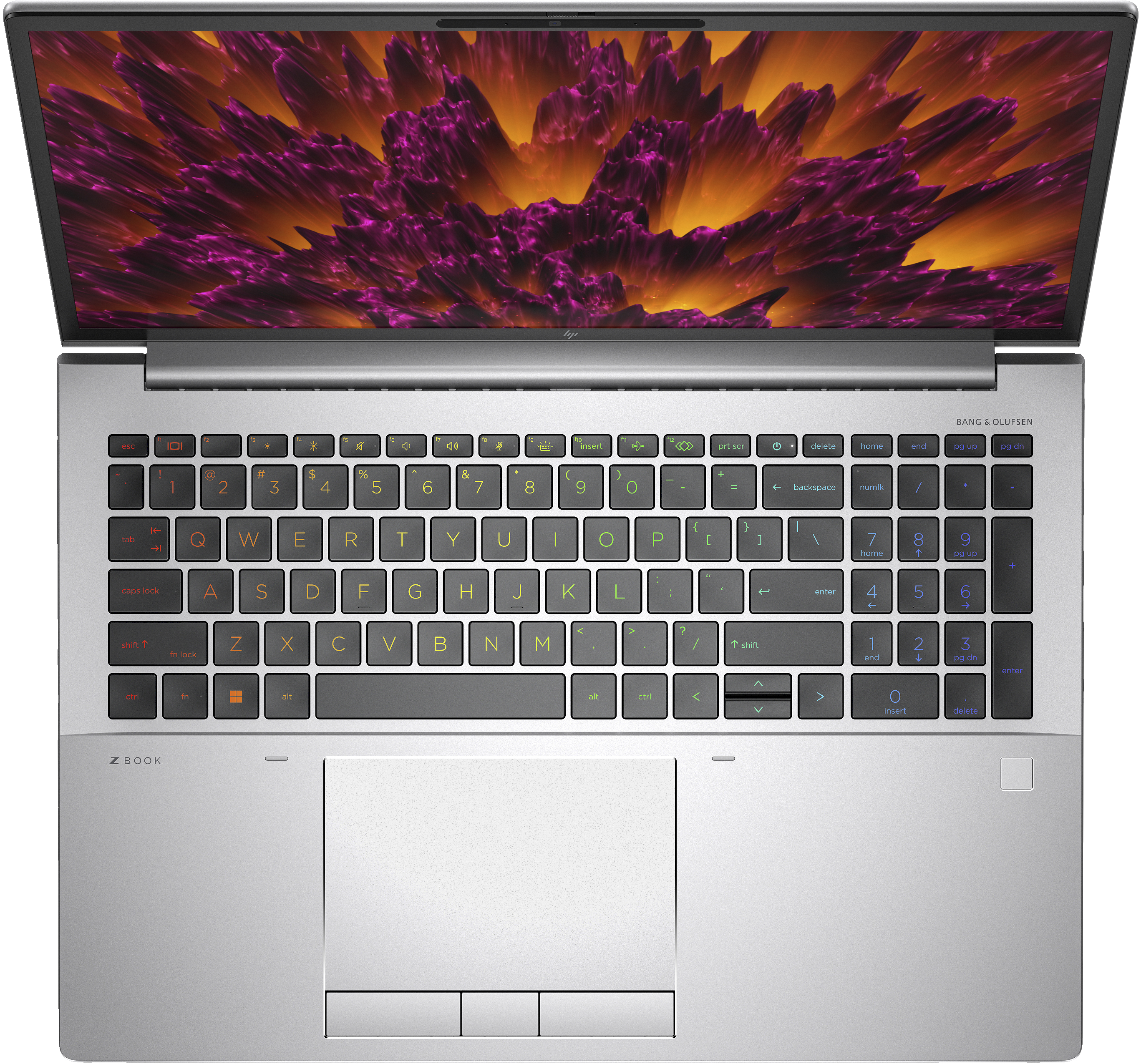A silver laptop with a colorful abstract screen, keyboard, and trackpad.