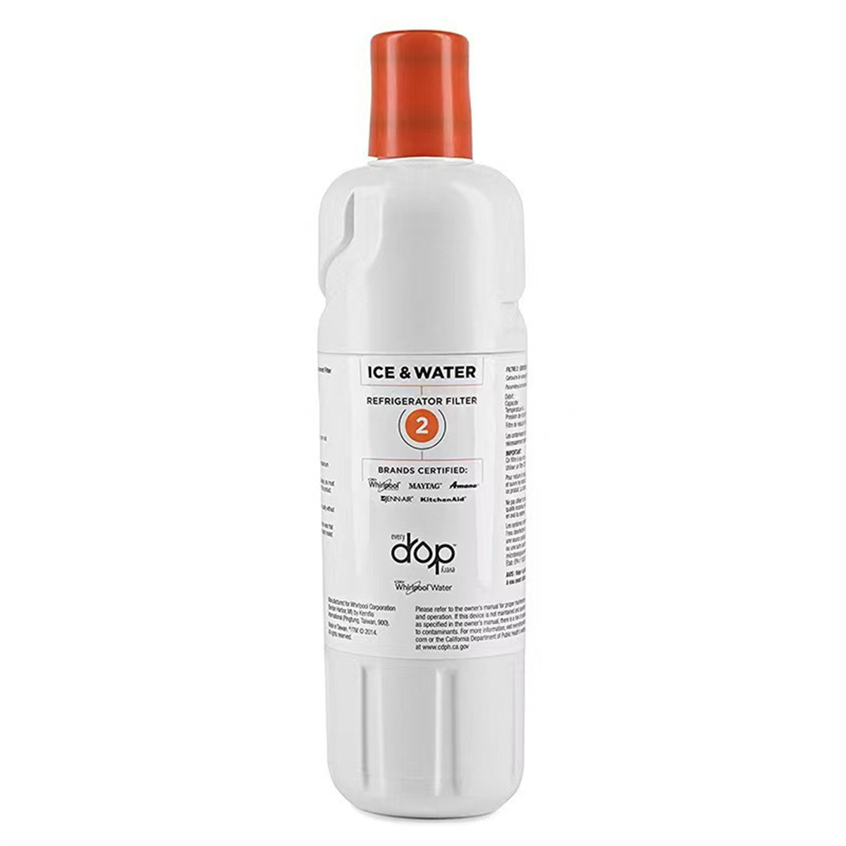 Weiße und orangefarbene Wasserfilterflasche.