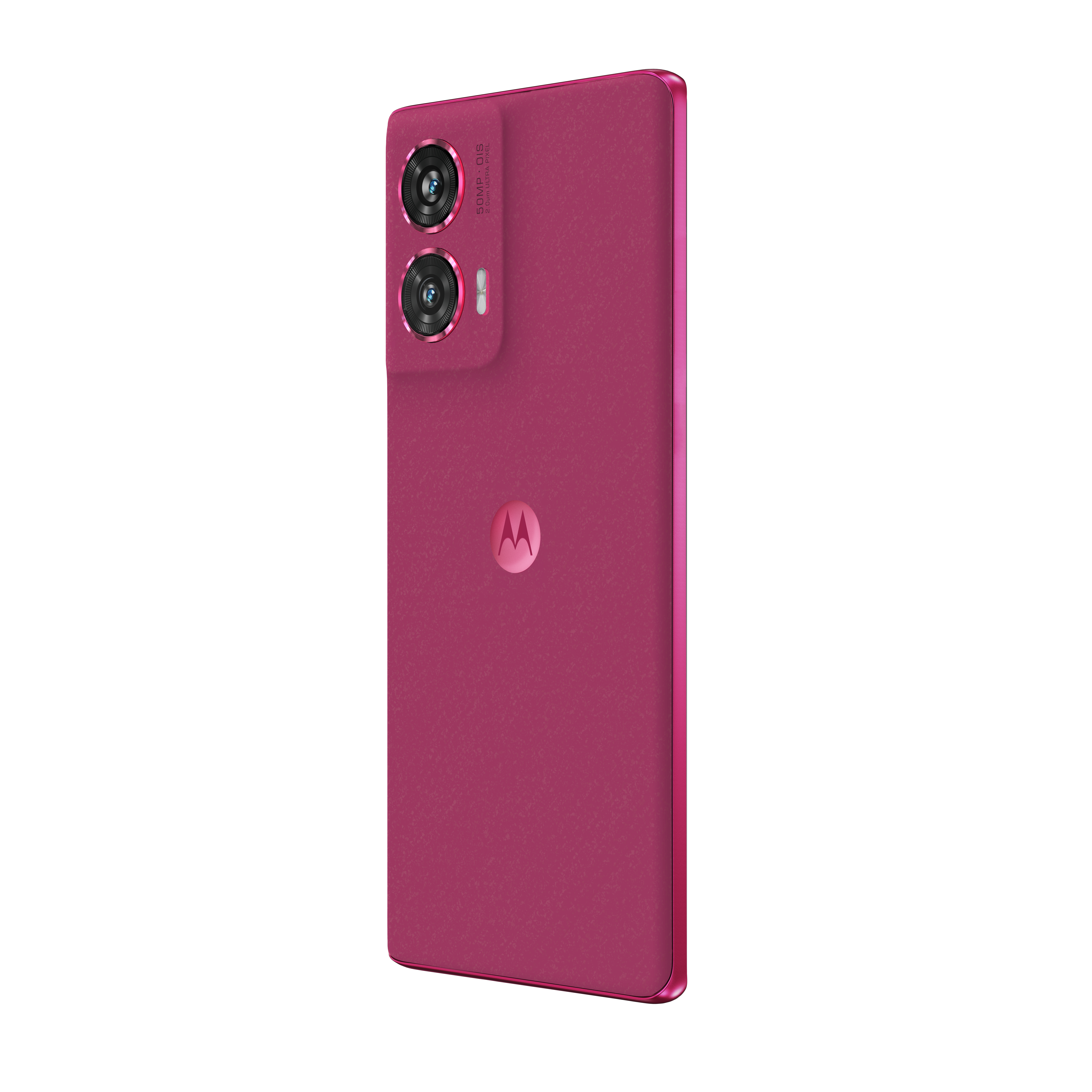 Magenta telefon Motorola z dwoma tylnymi aparatami. Ma różowy tył i widok z boku.