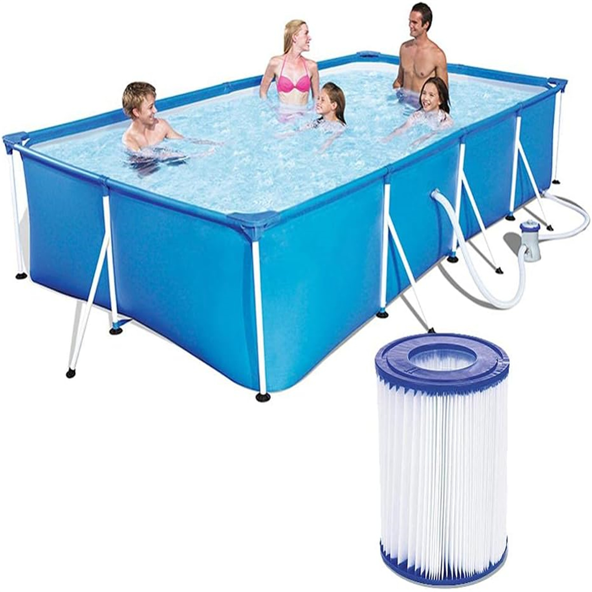 Menschen schwimmen in einem rechteckigen, blauen Aufstellpool. Ein Filter ist im Vordergrund.