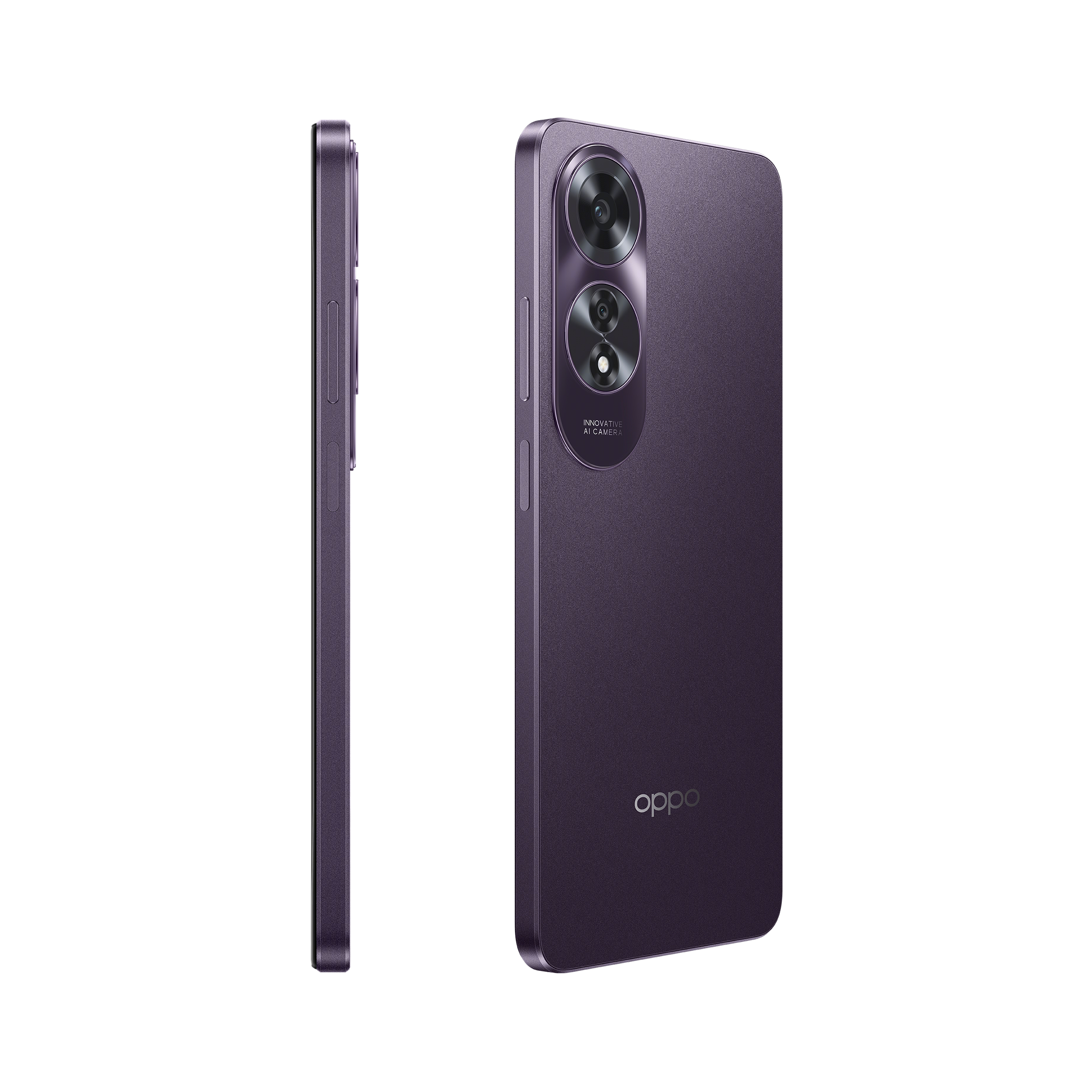 Teléfono Oppo púrpura, mostrando la parte trasera con cámaras duales y el perfil lateral.