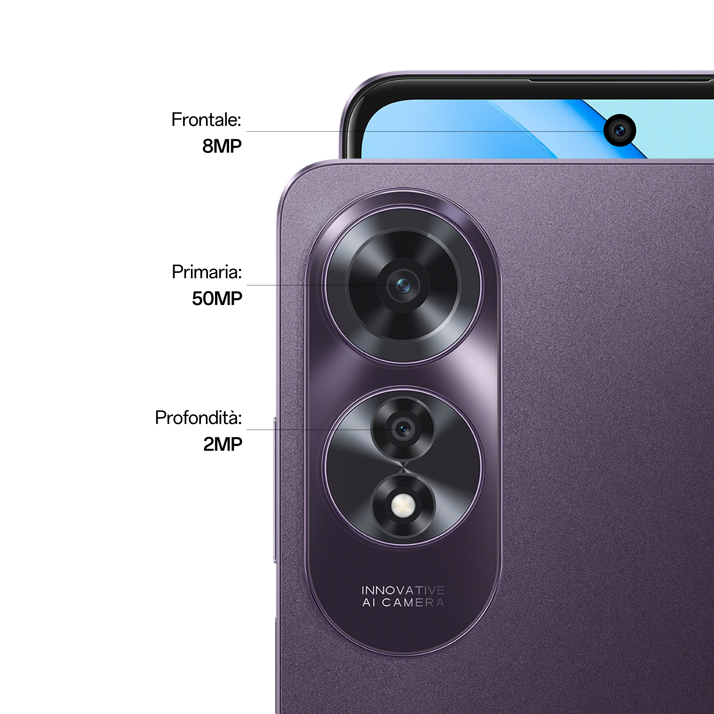 Configuración de cámara de teléfono púrpura, frontal de 8MP, principal de 50MP y profundidad de 2MP.