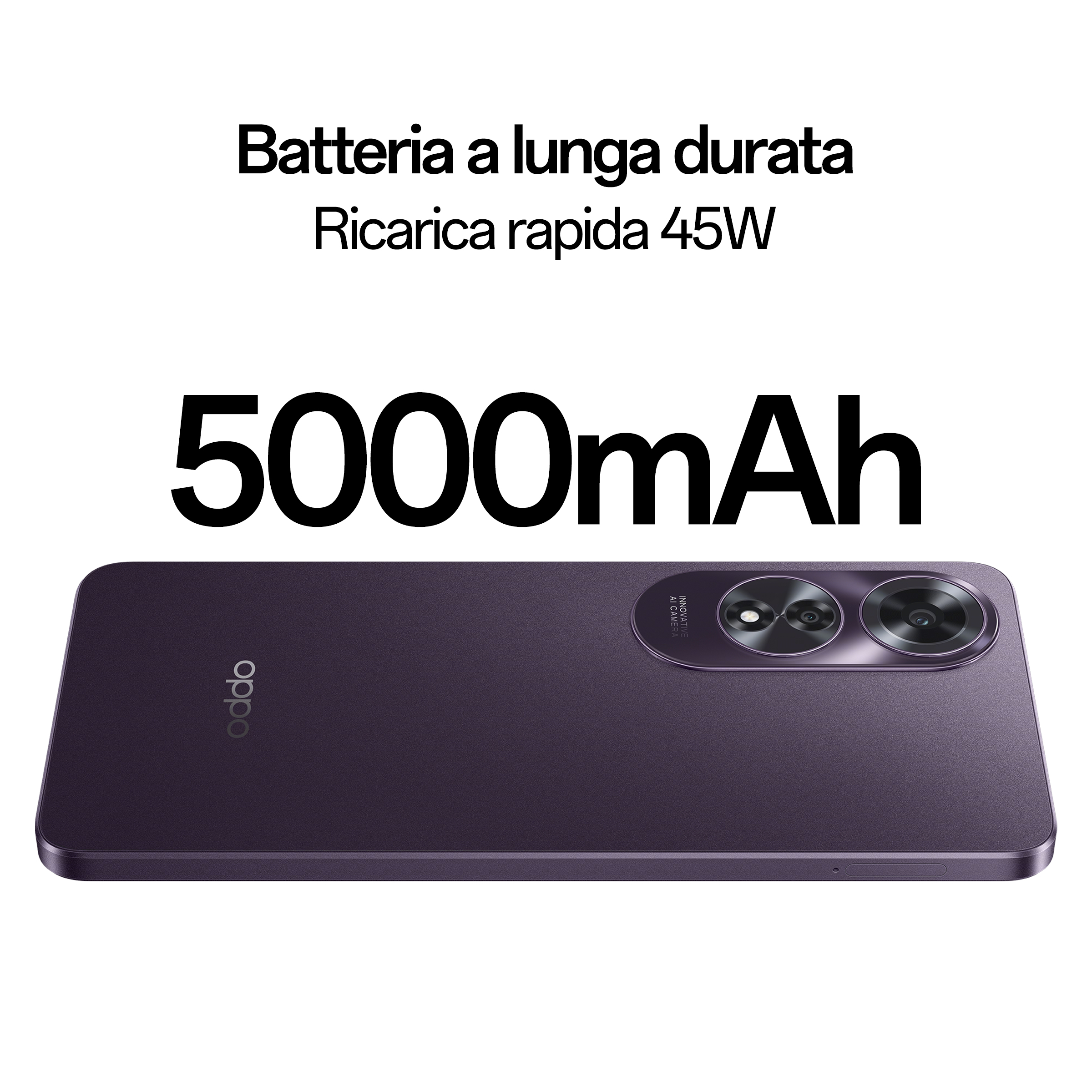 Teléfono Oppo morado, vista superior. Texto: 'Batería de larga duración, 5000mAh, carga rápida 45W'.