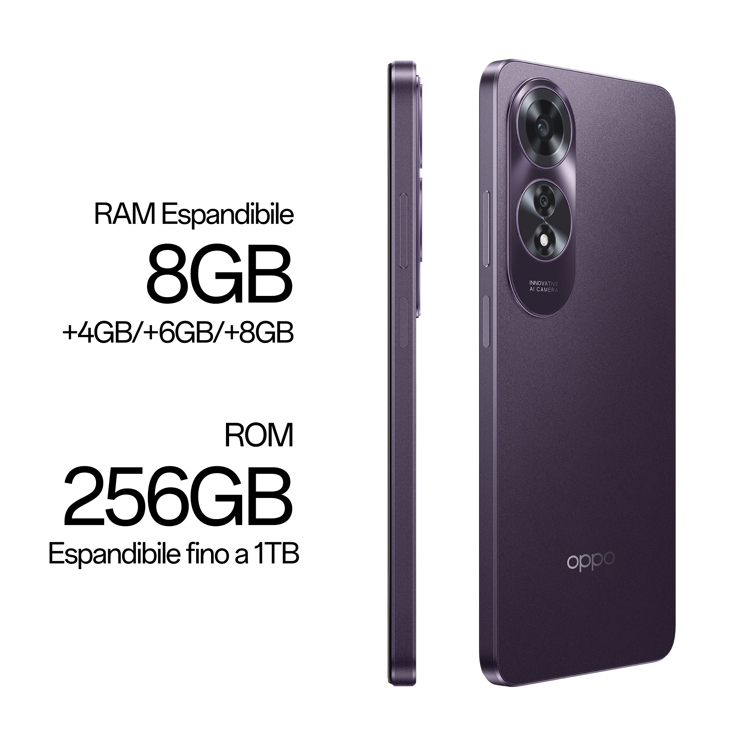 Un teléfono OPPO púrpura. Muestra las especificaciones de RAM y ROM: 8GB RAM, 256GB ROM, ampliable a 1TB.