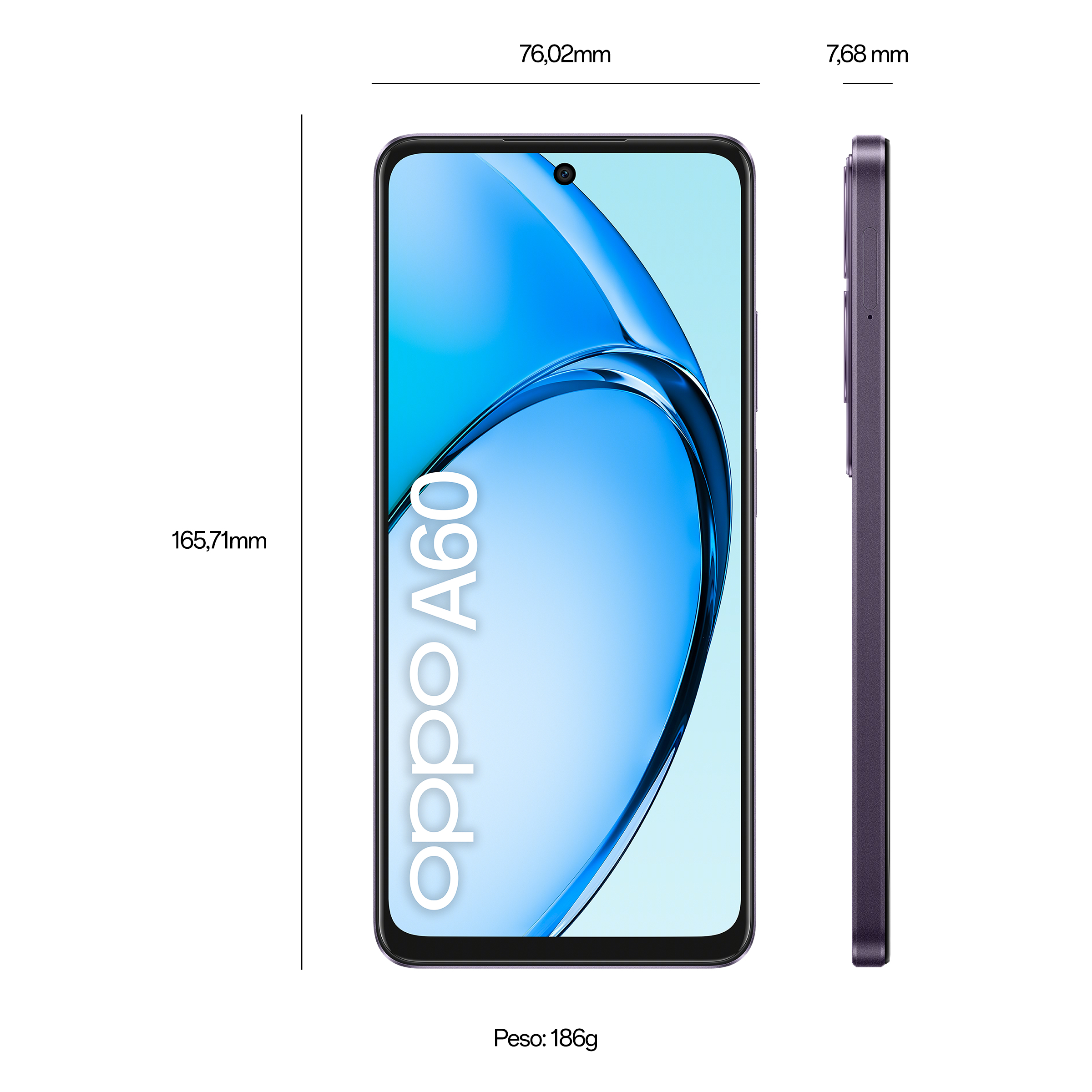 Vista lateral del smartphone, marco negro. Pantalla con olas azules y blancas. Dimensiones y peso mostrados.