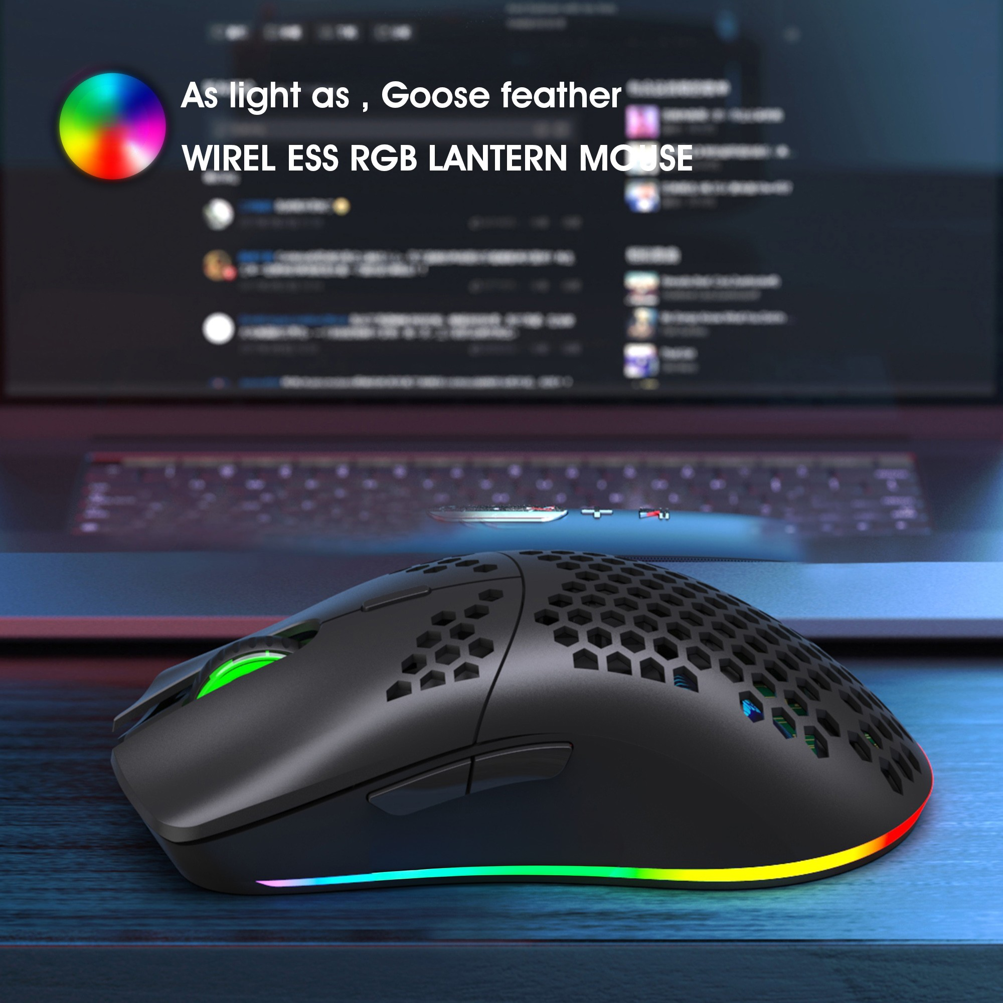Schwarze Gaming-Maus mit RGB-Licht, Text: 'So leicht wie eine Gänsefeder DRAHTLOSE RGB-LAMPENMAUS'.