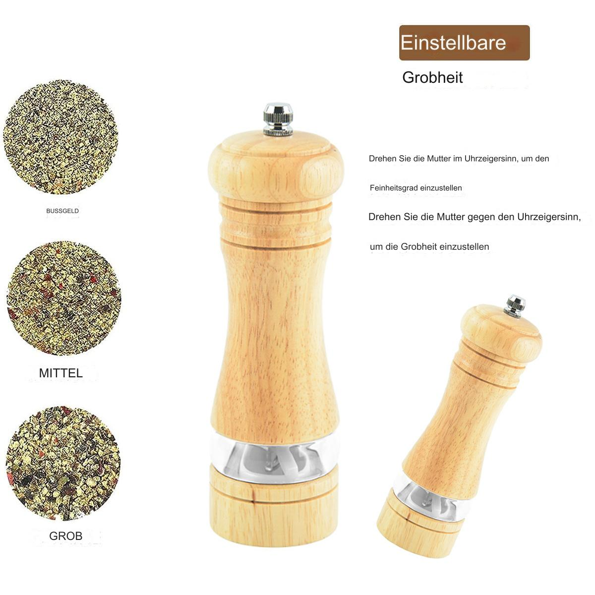 Holzpfeffermühle mit Pfefferproben. Eine ist zerlegt. Text beschreibt die Einstellung der Feinheit.