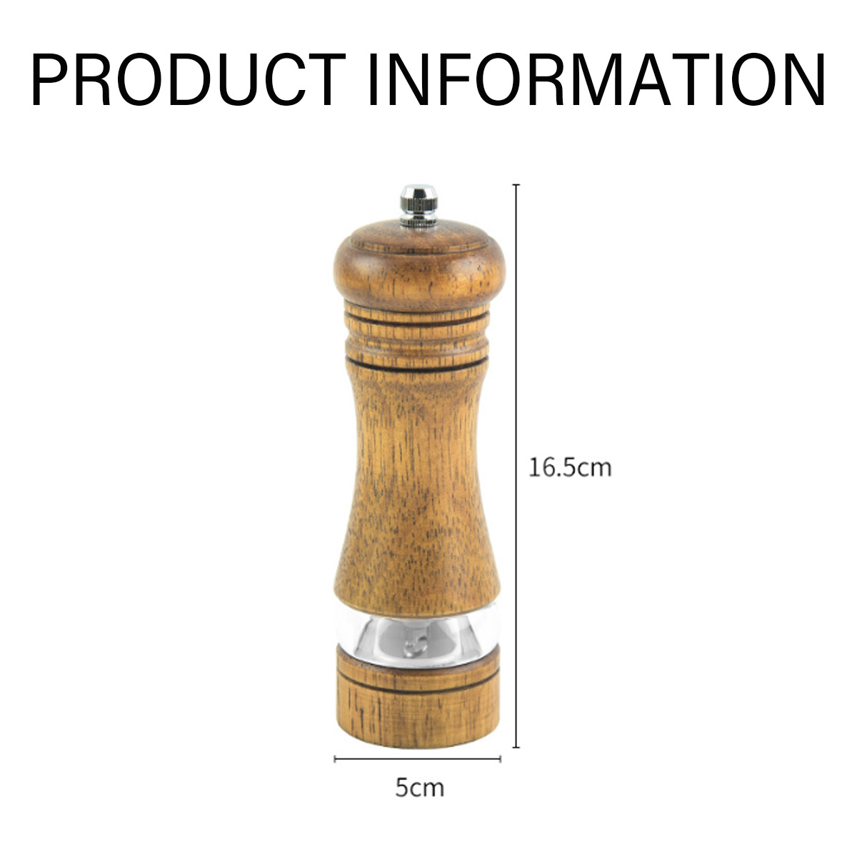 Pfeffermühle aus Holz mit Maßangaben.