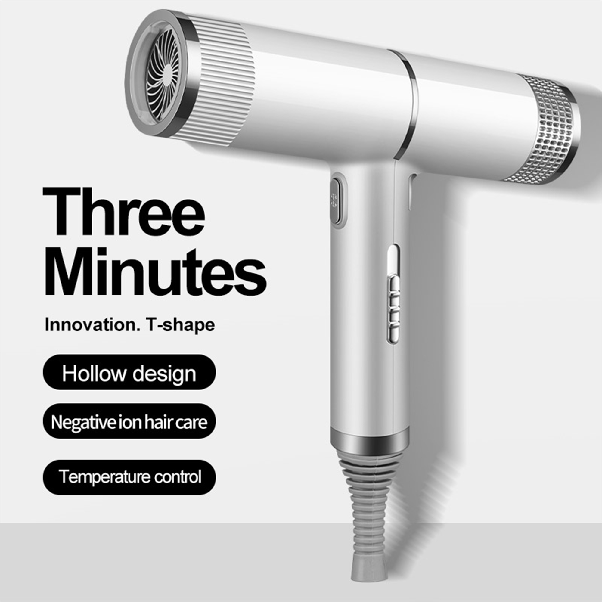 Weißer und silberner T-förmiger Haartrockner mit Text: Three Minutes, Innovation, Hollow design, Negative Ion Hair Care, und Temperaturregelung.