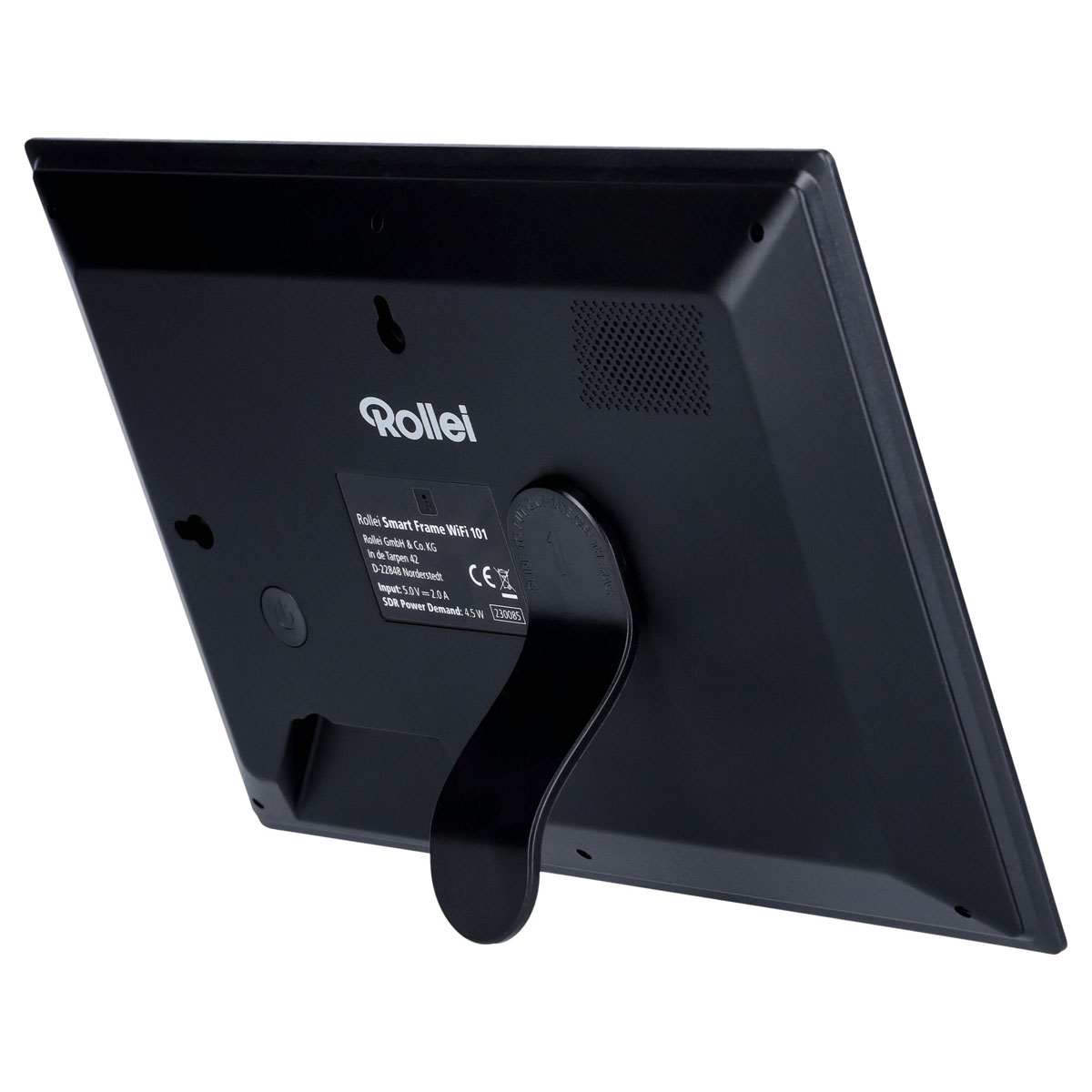 Tył czarnej cyfrowej ramki na zdjęcia ze stojakiem, z logo Rollei.