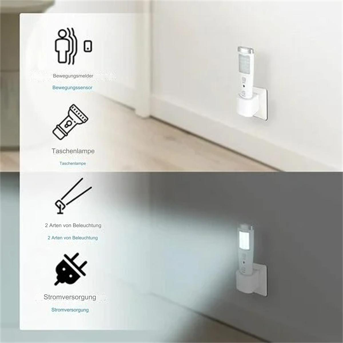 Ein Nachtlicht in einer Steckdose. Symbole zeigen Funktionen: Sensor, Taschenlampe und Strom.