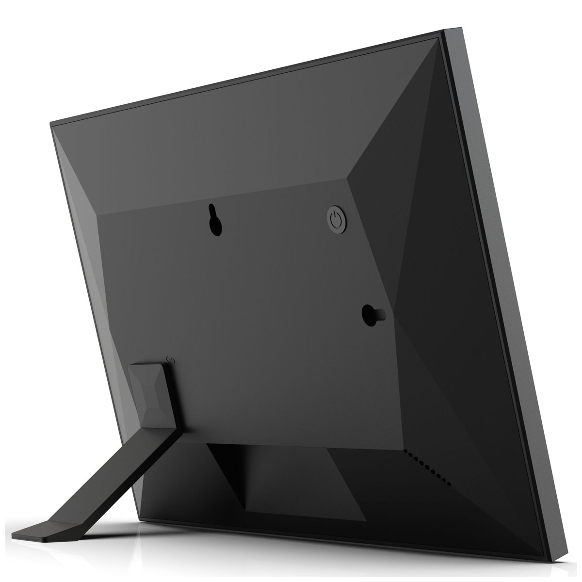 Czarna cyfrowa ramka na zdjęcia, widok z tyłu. Ma podstawkę i przycisk zasilania.