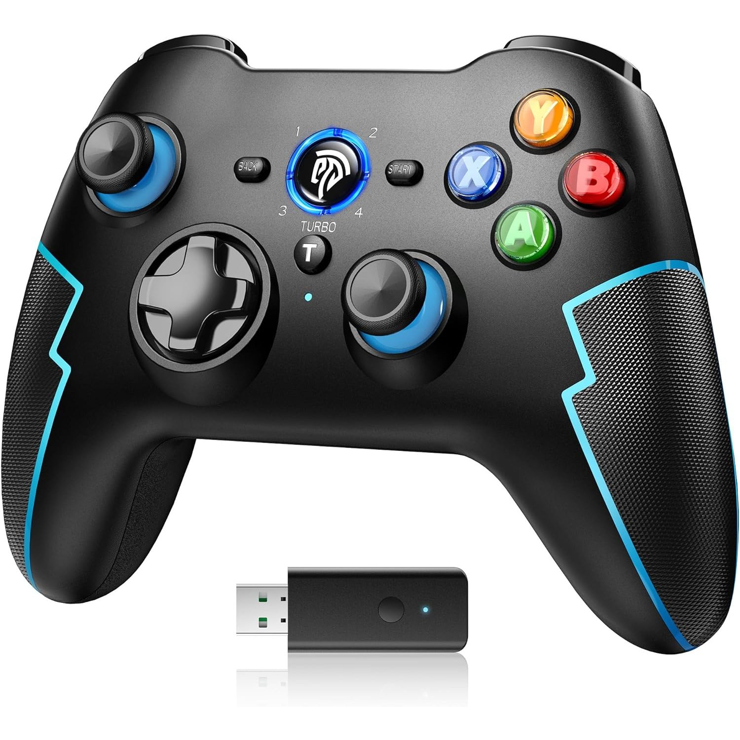 Schwarzer Gamecontroller mit blauen Akzenten und bunten Knöpfen. USB-Empfänger darunter.