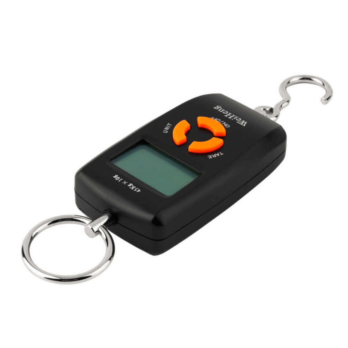 Schwarze digitale Hängewaage mit Haken und Ring. Hat Tasten und ein LCD-Display. Isoliert auf Weiß.