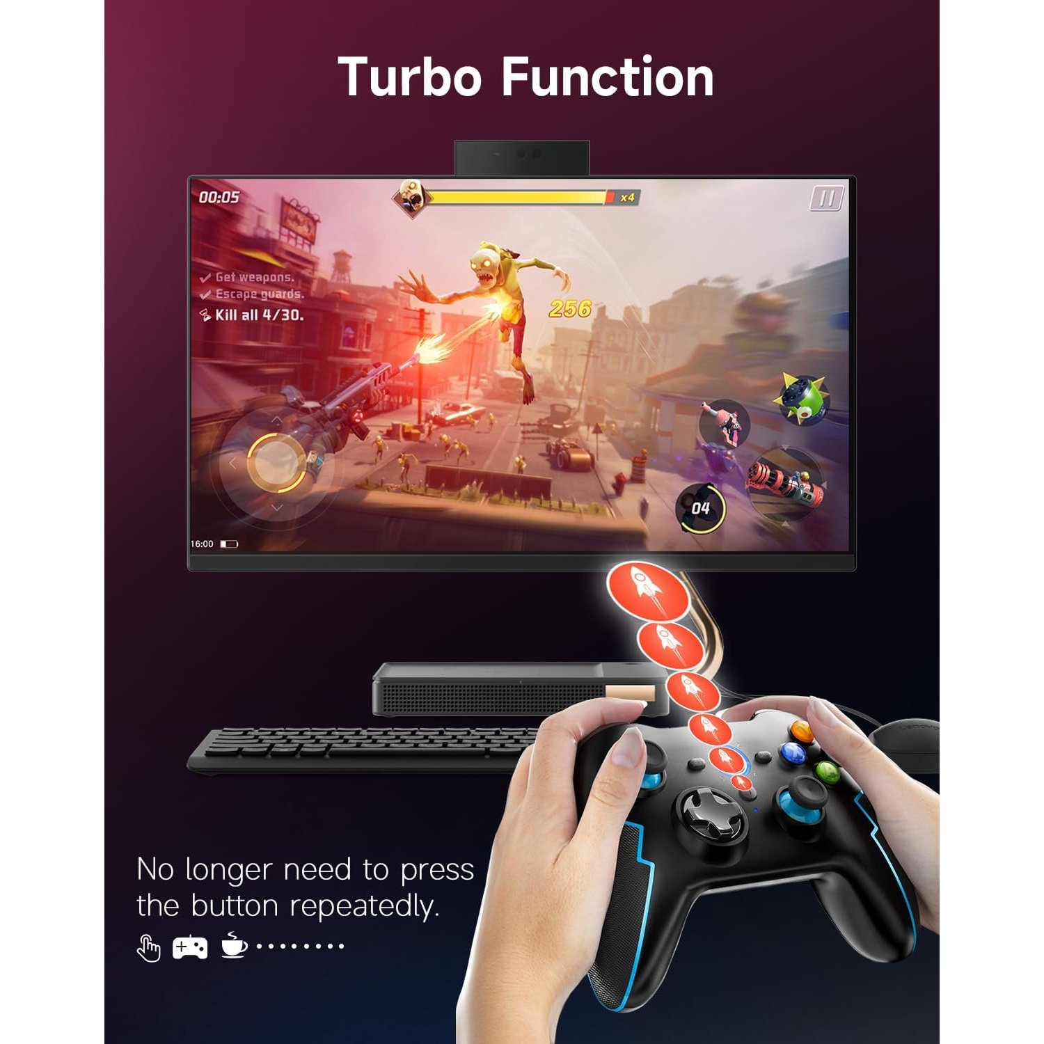Eine Person hält einen Gamecontroller mit Knöpfen und spielt ein Spiel auf einem Monitor. Der Monitor zeigt Gameplay.