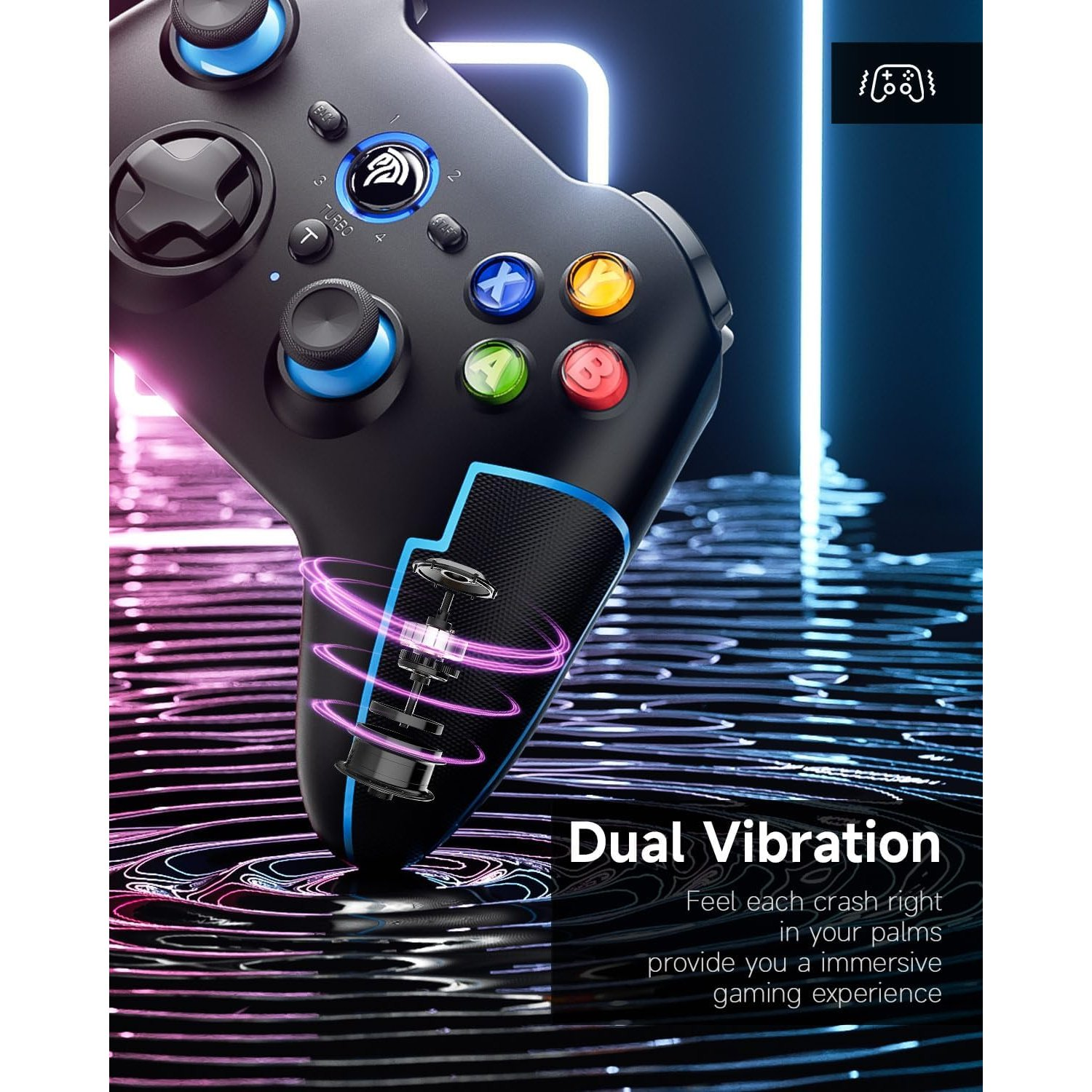 Schwarzer Gaming-Controller mit blauen Akzenten. Der Controller ist zum Betrachter geneigt.