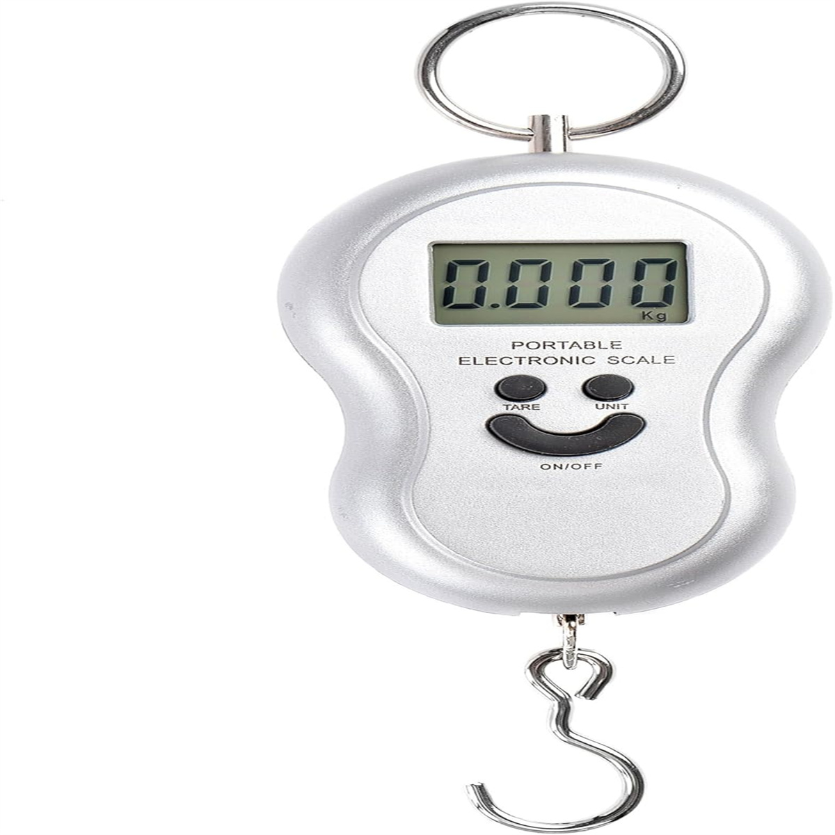 Tragbare elektronische Waage mit Haken und Digitalanzeige.