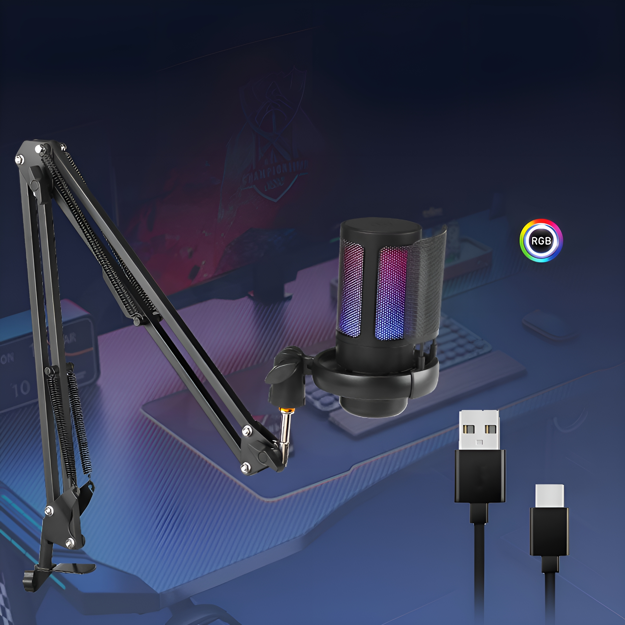 Schwarzes Kondensatormikrofon mit Pop-Filter, an einem verstellbaren Arm, mit USB-Kabeln und RGB-Lichtring.