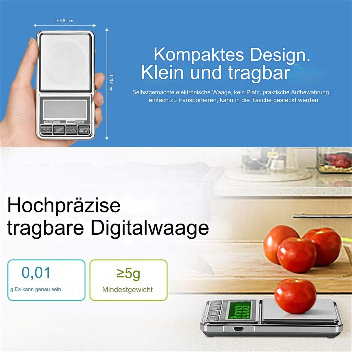 Digitale Waage mit einem Artikel darauf. Drei Tomaten im Hintergrund. Text und Messungen sind sichtbar.