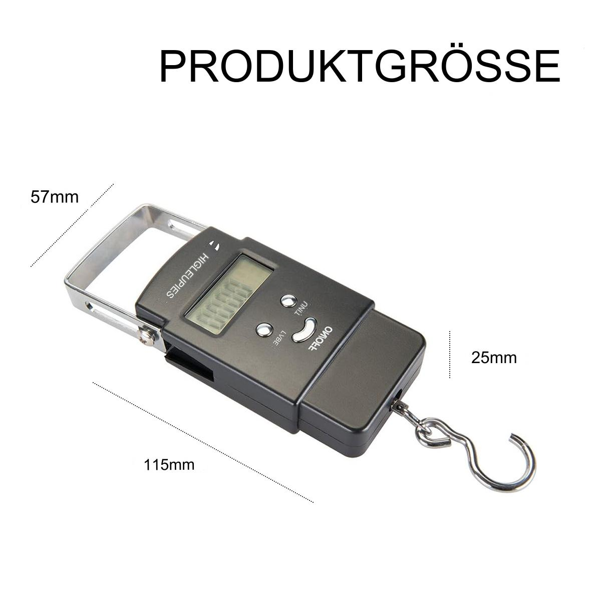Schwarze Digitalwaage mit Bildschirm, Haken und Abmessungen in mm.