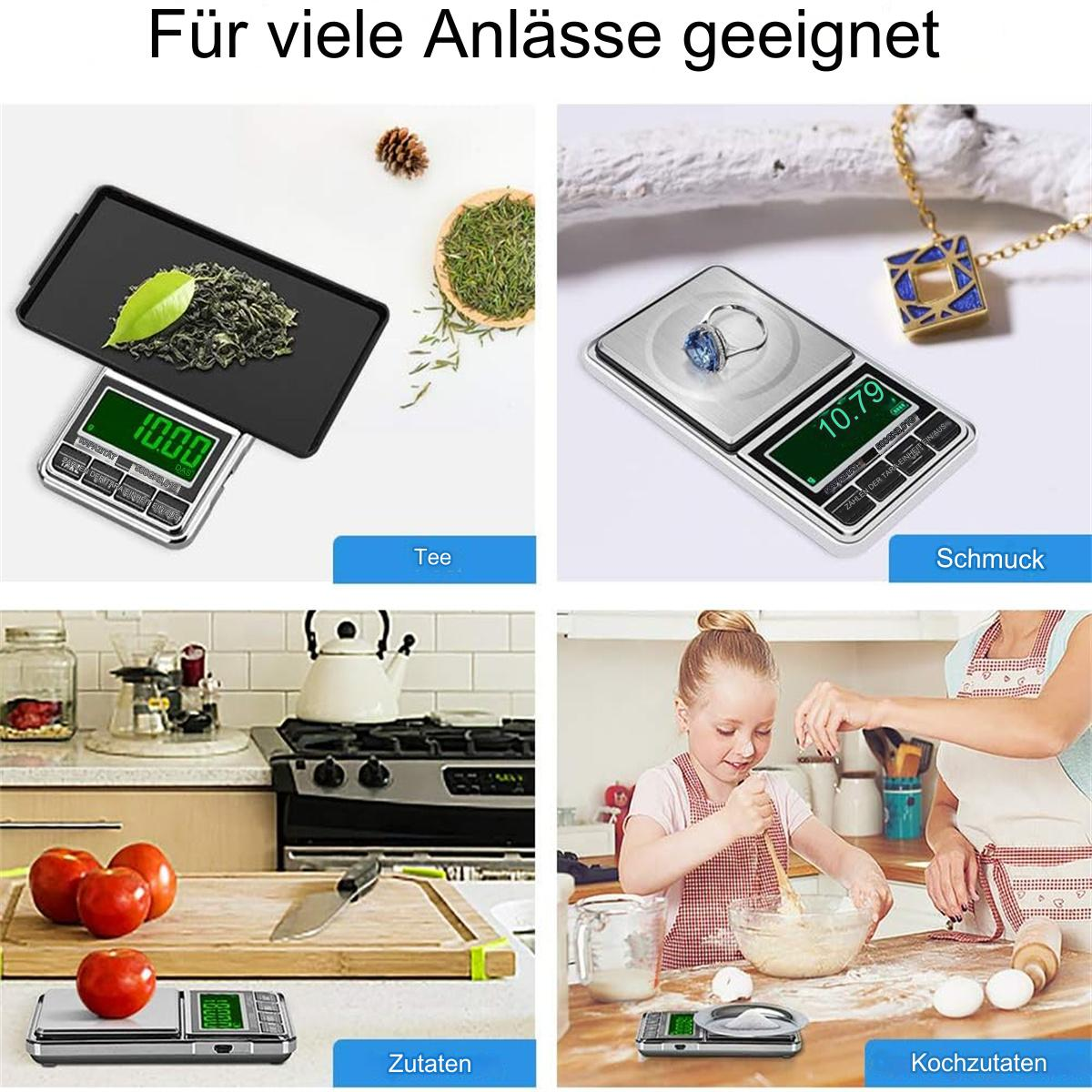 Mehrere Bilder, die verschiedene Verwendungszwecke einer Waage zeigen: Tee, Schmuck, Zutaten und Kochen.