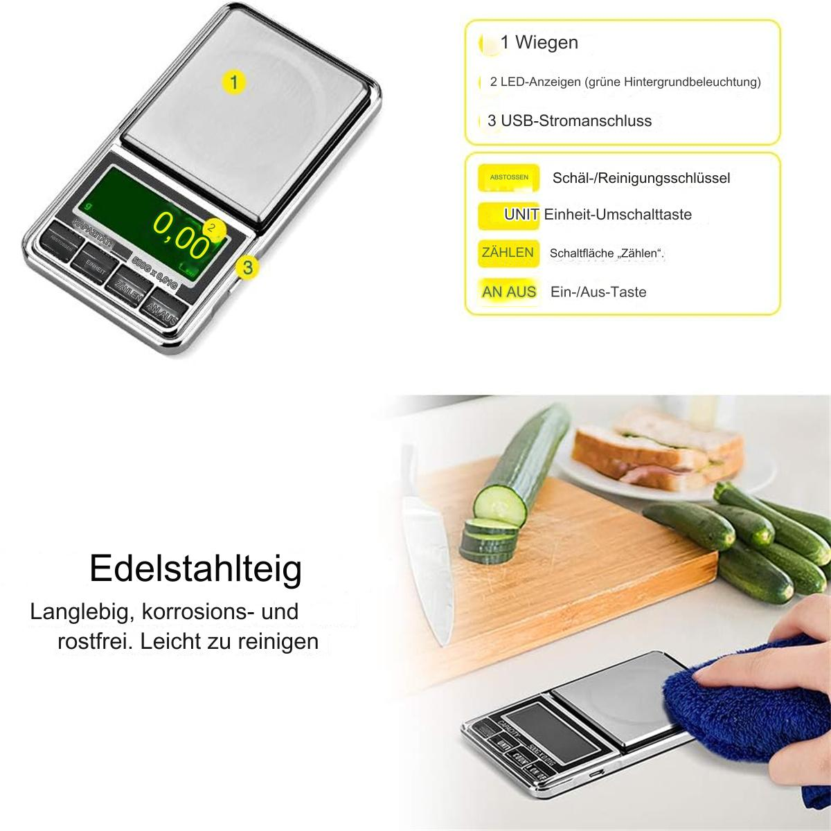 Eine Digitalwaage mit grünem Display. Es gibt Details zum Produkt und zur Reinigung.