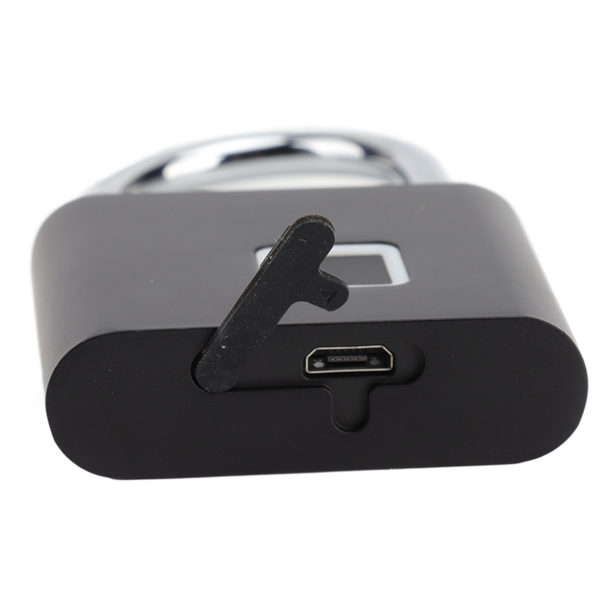 Ein schwarzes Smart-Vorhängeschloss mit Ladeanschluss und Fingerabdrucksensor.
