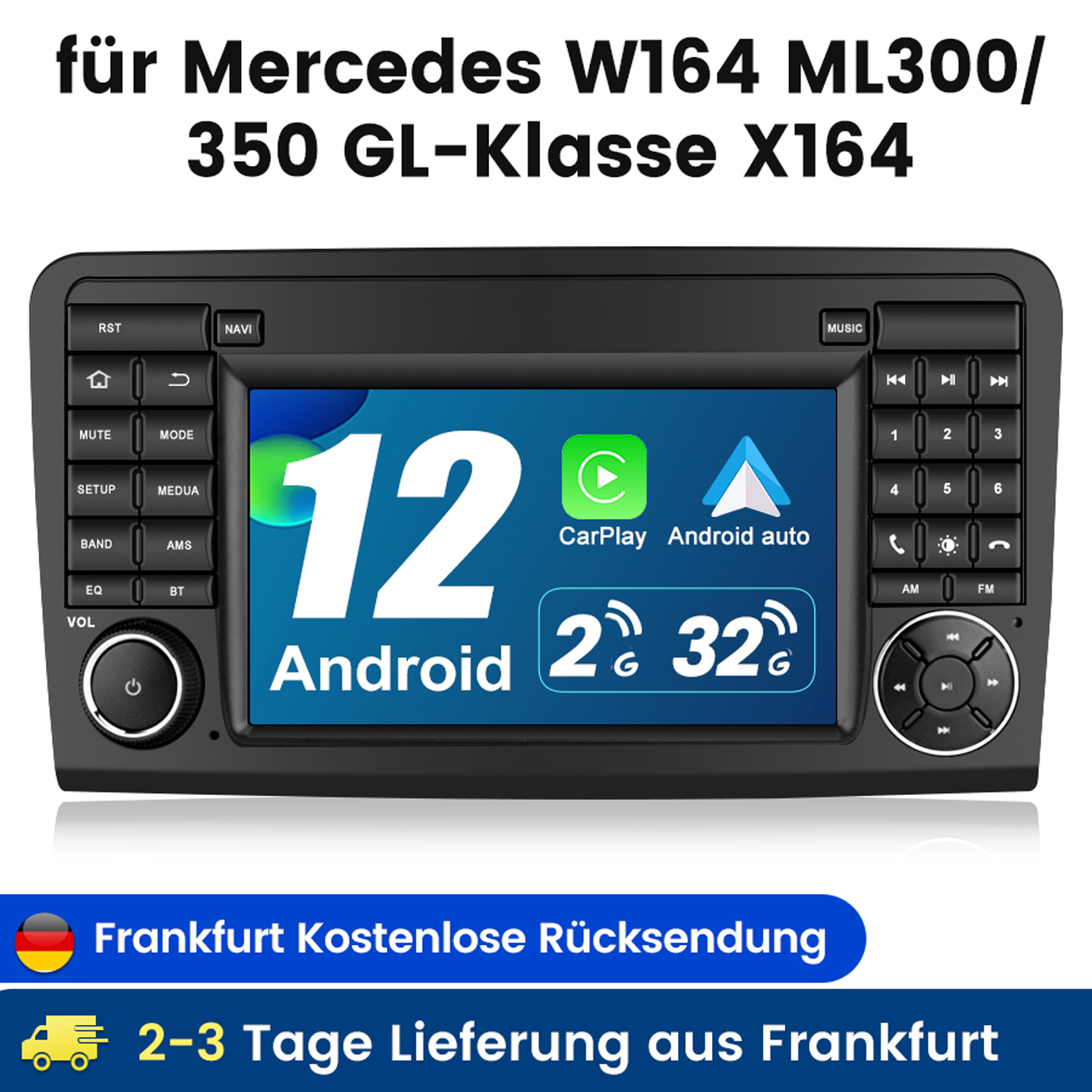 Autoradio mit Android Auto und CarPlay, mit großem Bildschirm, für Mercedes-Fahrzeuge.