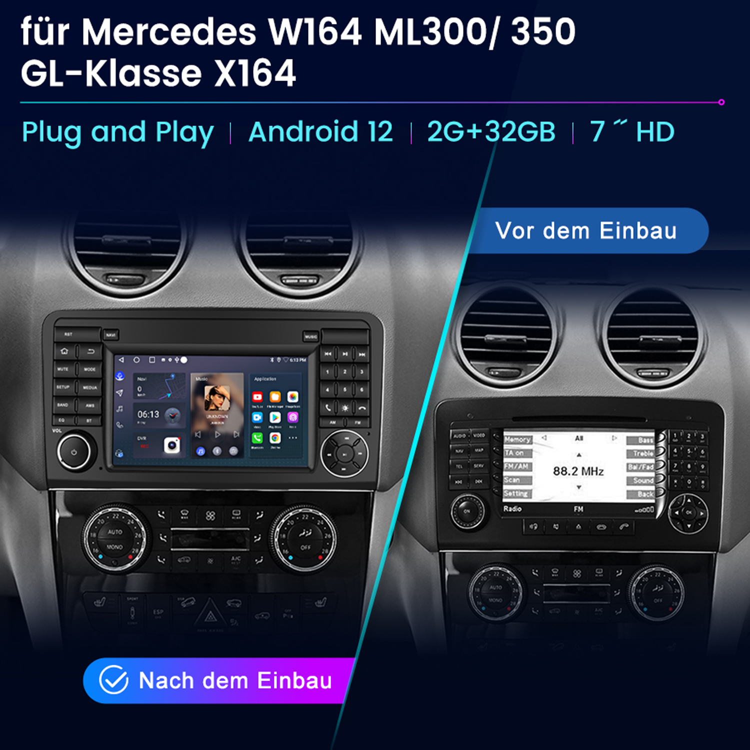 Car Dashboard Upgrade mit neuem Bildschirm, Vergleich vor und nach dem Einbau in einem Mercedes.