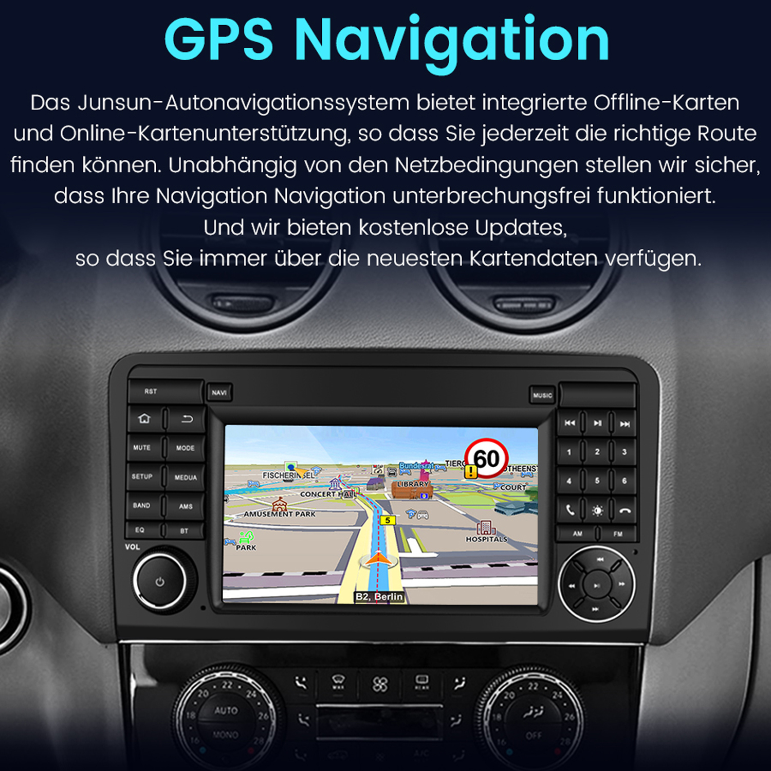 Das Armaturenbrett des Autos zeigt die GPS-Navigation. Der Bildschirm zeigt eine Karte mit Wegbeschreibungen und Geschwindigkeitsbegrenzung.