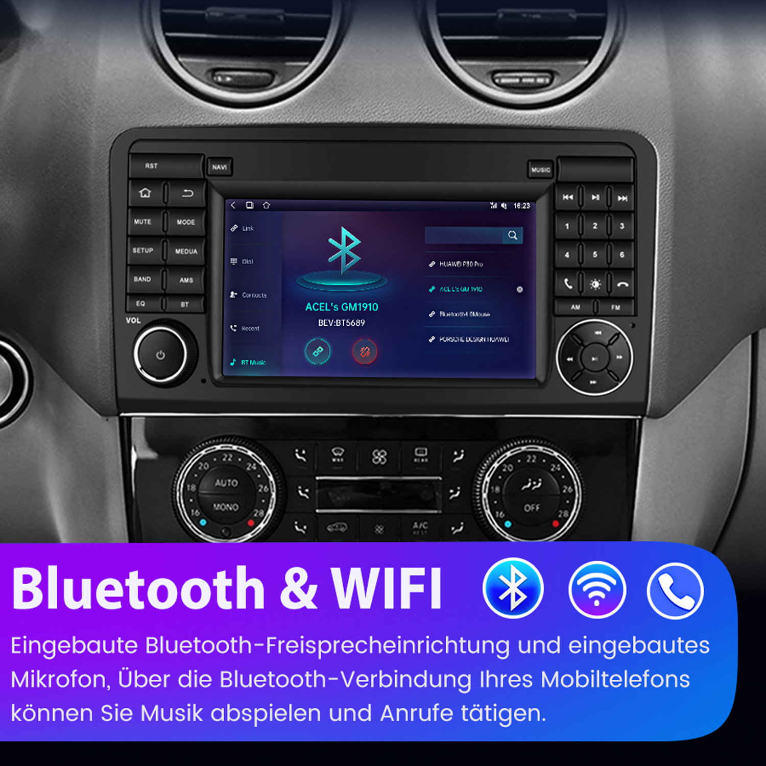Auto-Infotainment-System, das Bluetooth- und WIFI-Symbole anzeigt, mit blauer grafischer Oberfläche.