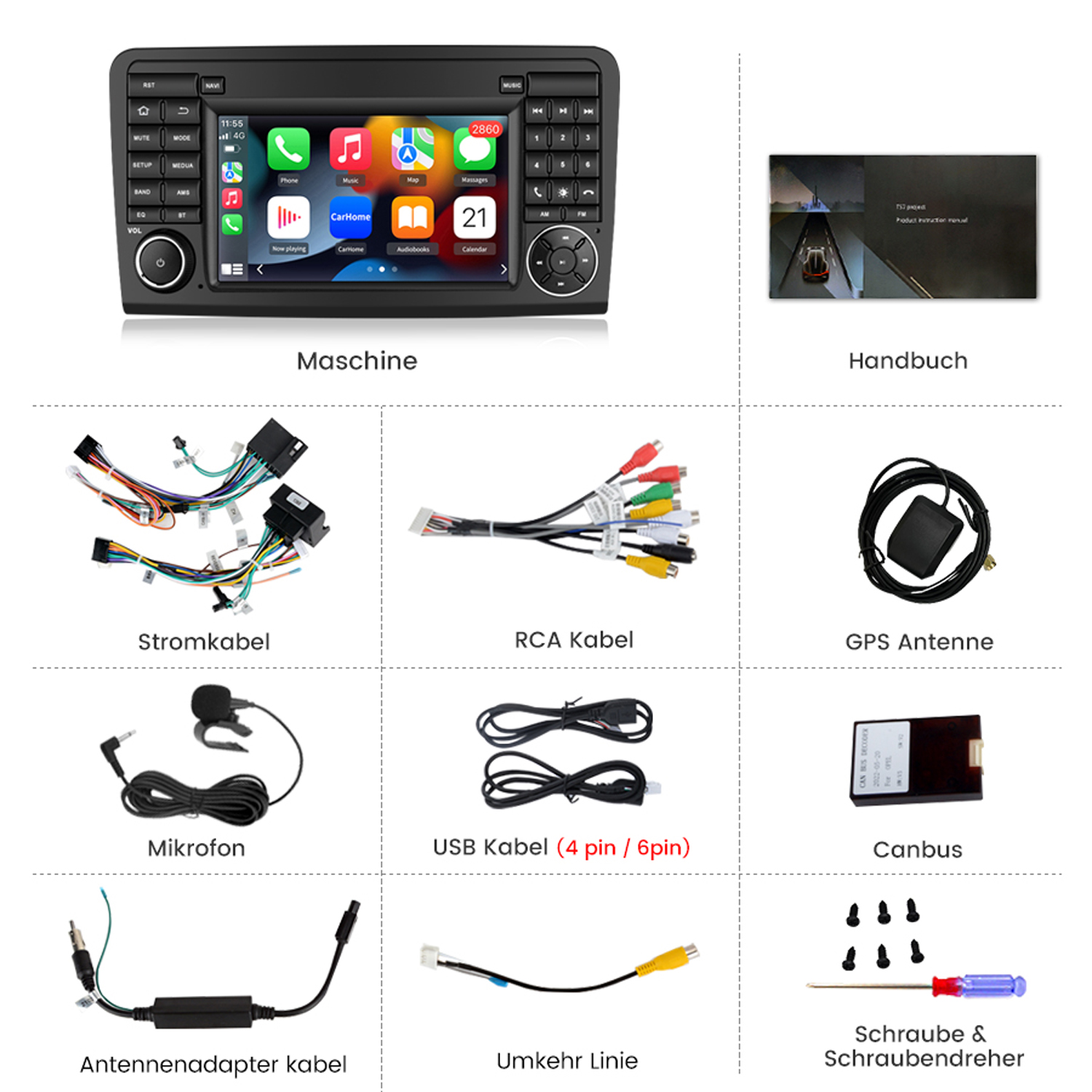 Autoradiosystem mit verschiedenen Komponenten: Kabel, Mikrofon und Zubehör.