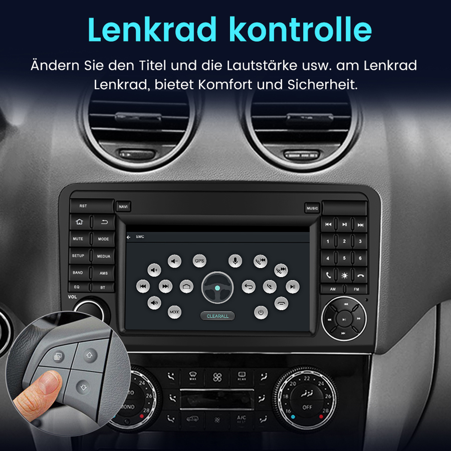 Armaturenbrett eines Autos mit Infotainment-System, Bedienelementen und Hand am Lenkrad.