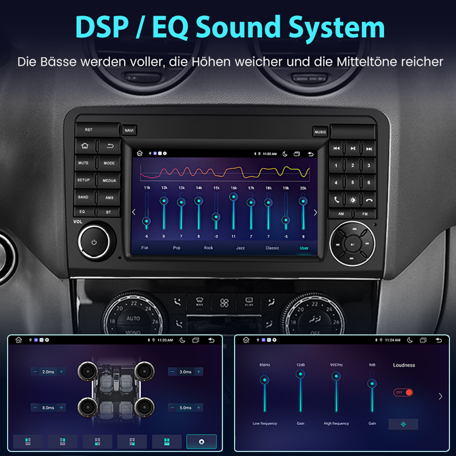 Auto-Audiosystem-Schnittstelle mit Equalizer-Einstellungen und grafischer Darstellung von Schallwellen.