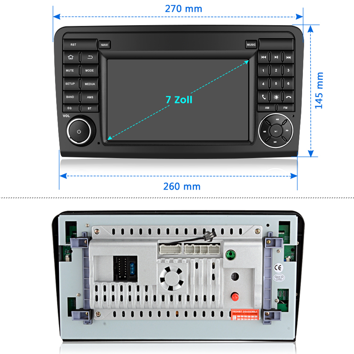 Autoradio mit Abmessungen. Die Vorder- und Rückseite des Radios sind abgebildet, mit Maßangaben.